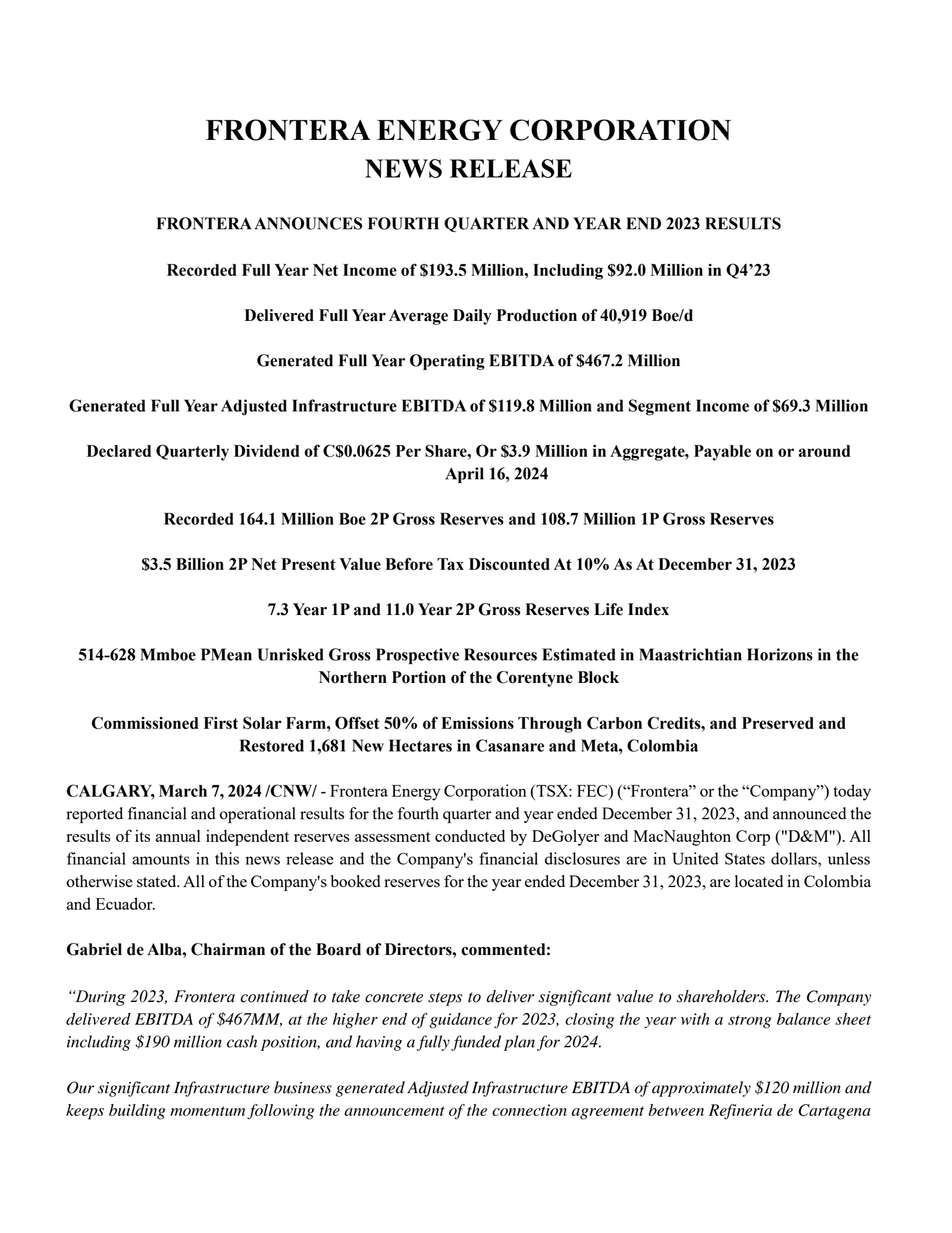 Frontera Energy's Q4 2023 Annual report