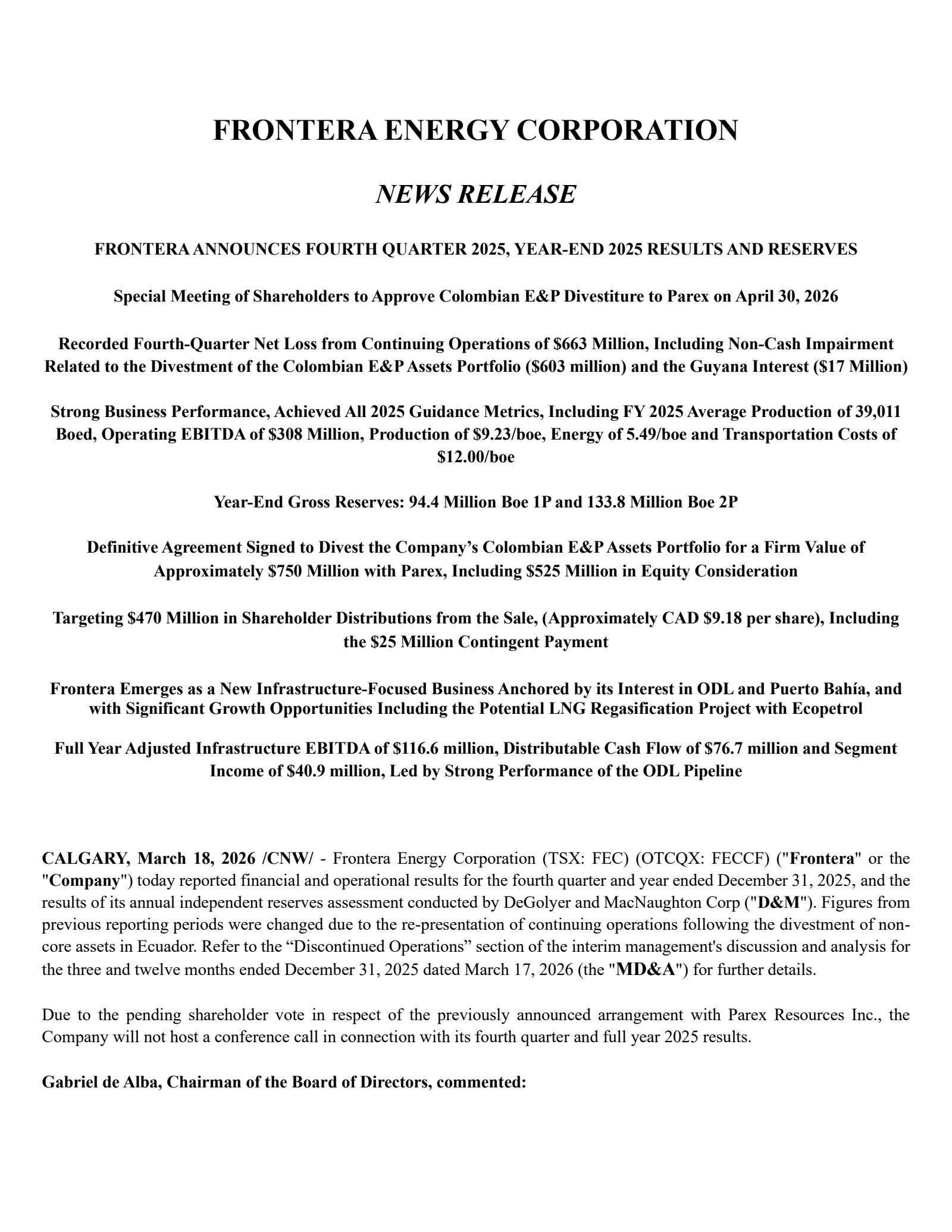Frontera Energy's Q4 2025 Press Release
