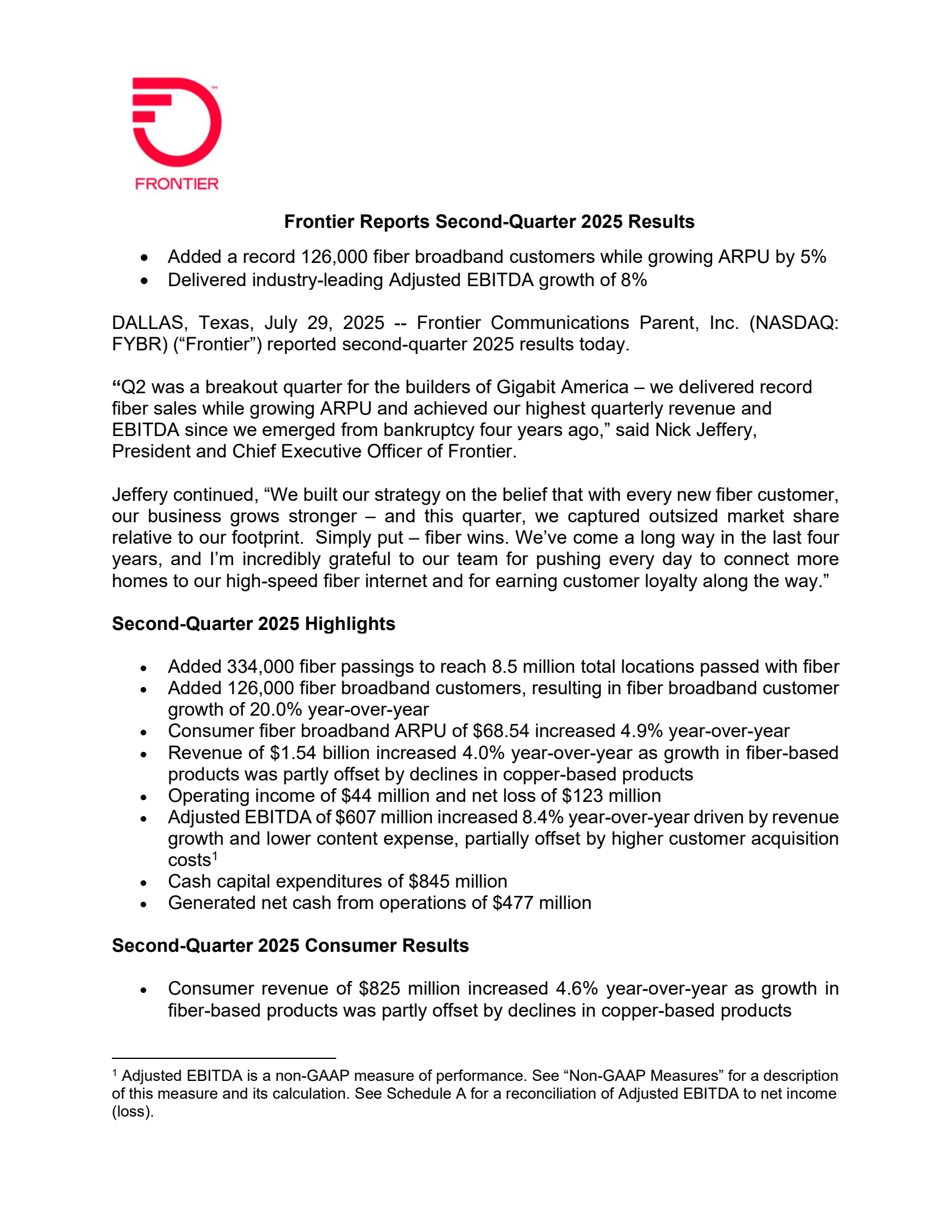 Frontier Communications Parent's Q2 2025 Press Release