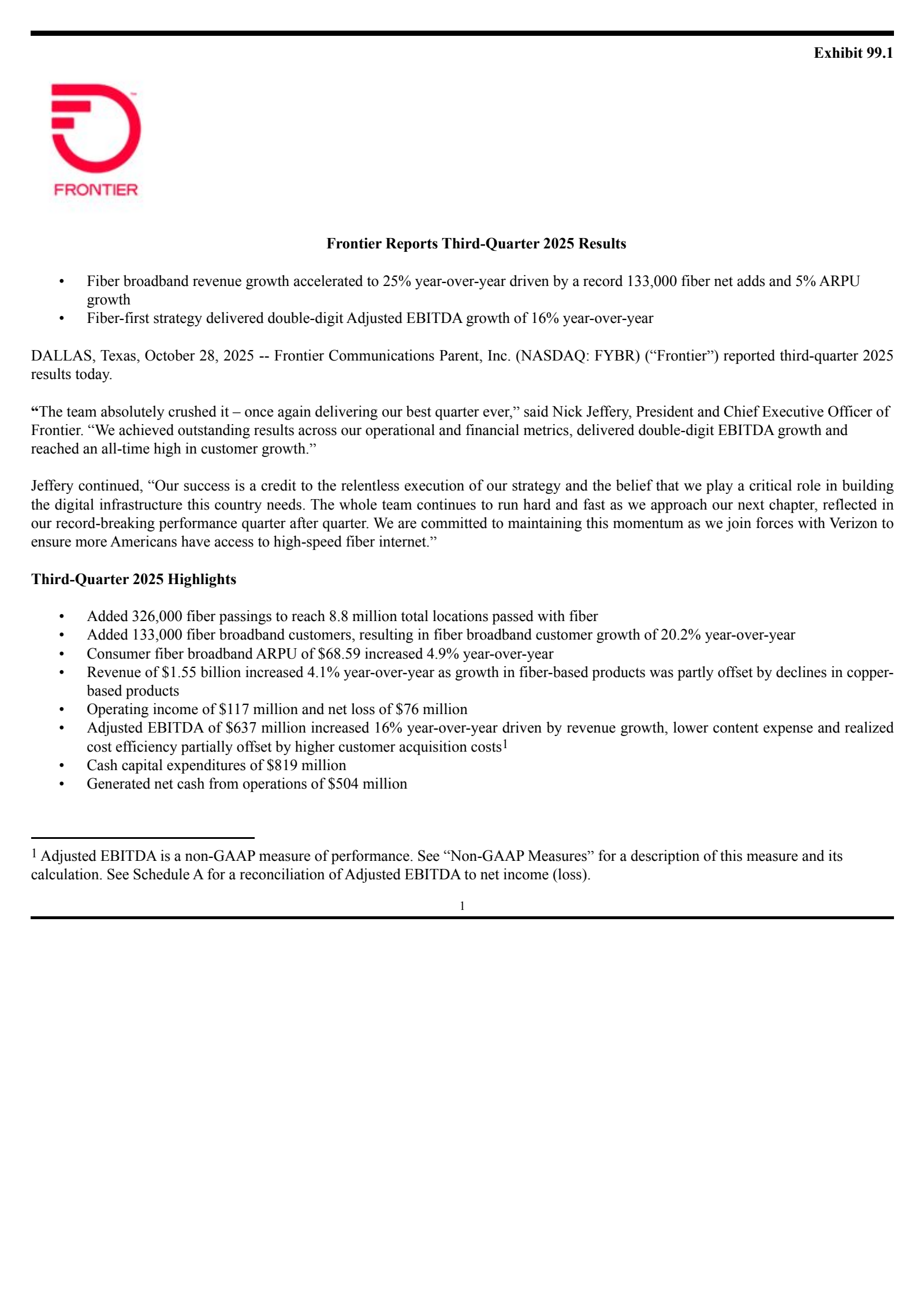 Frontier Communications Parent's Q3 2025 Earnings Release