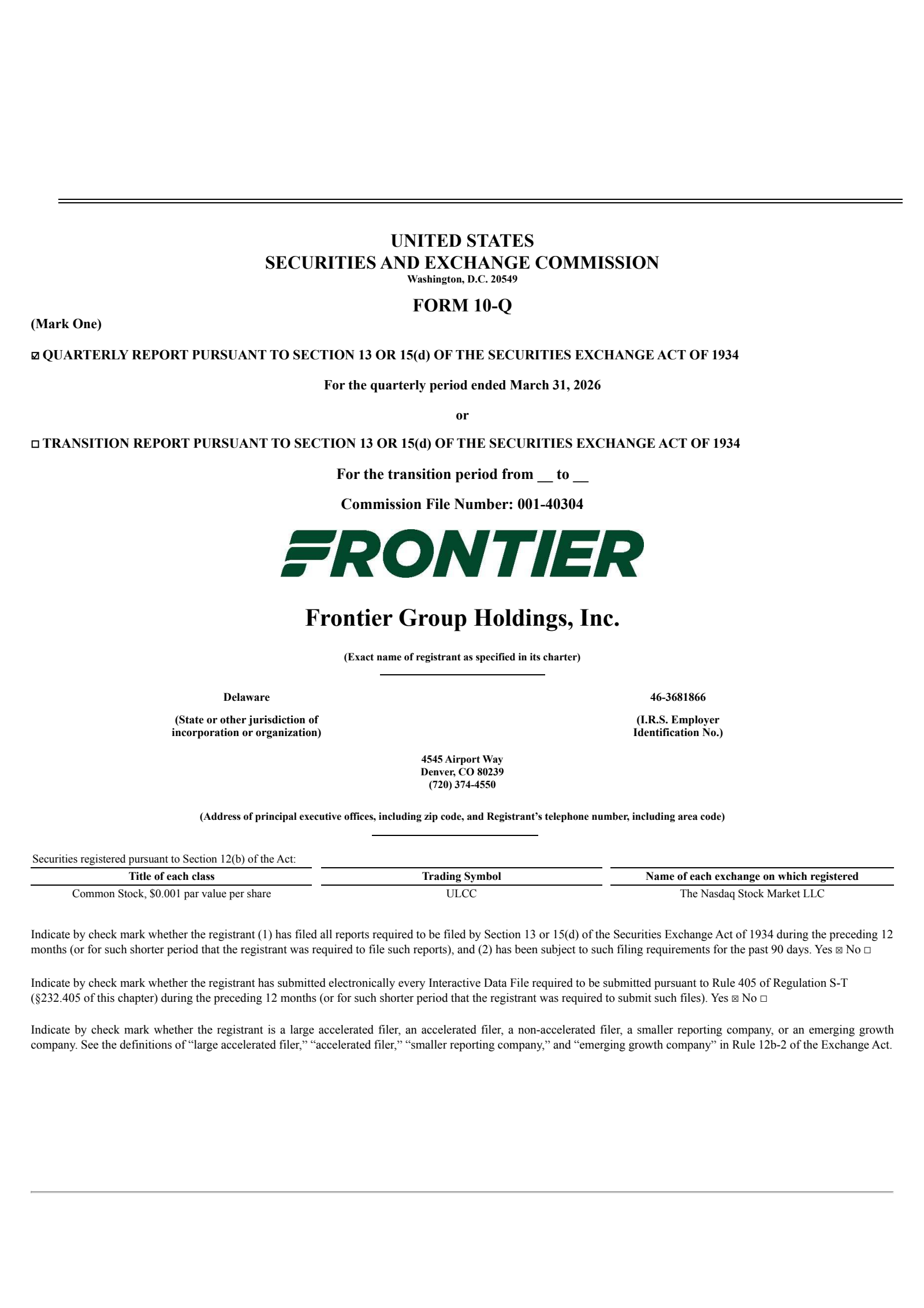 Frontier Group's Q1 2026 Quarterly report