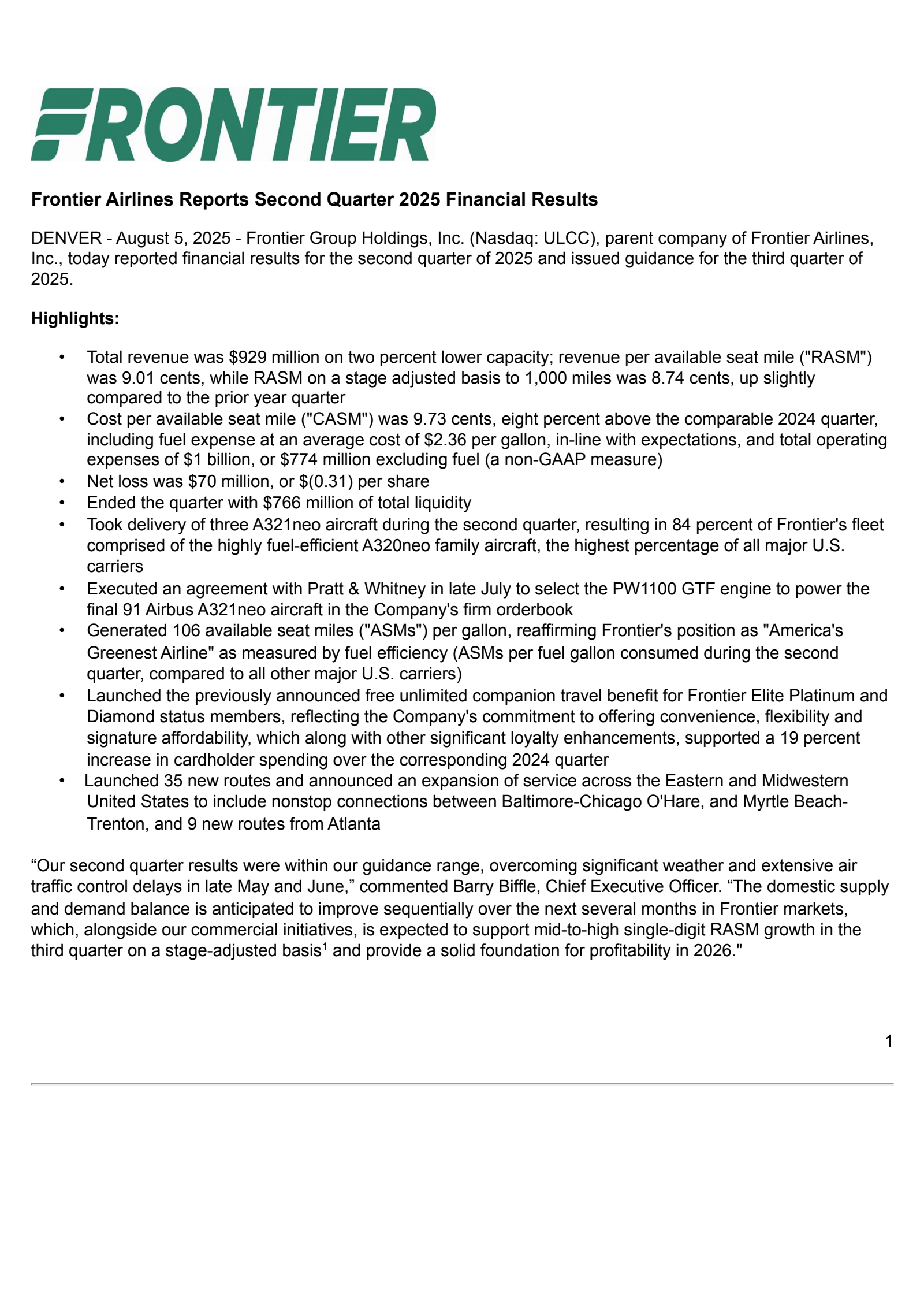 Frontier Group's Q2 2025 Press Release