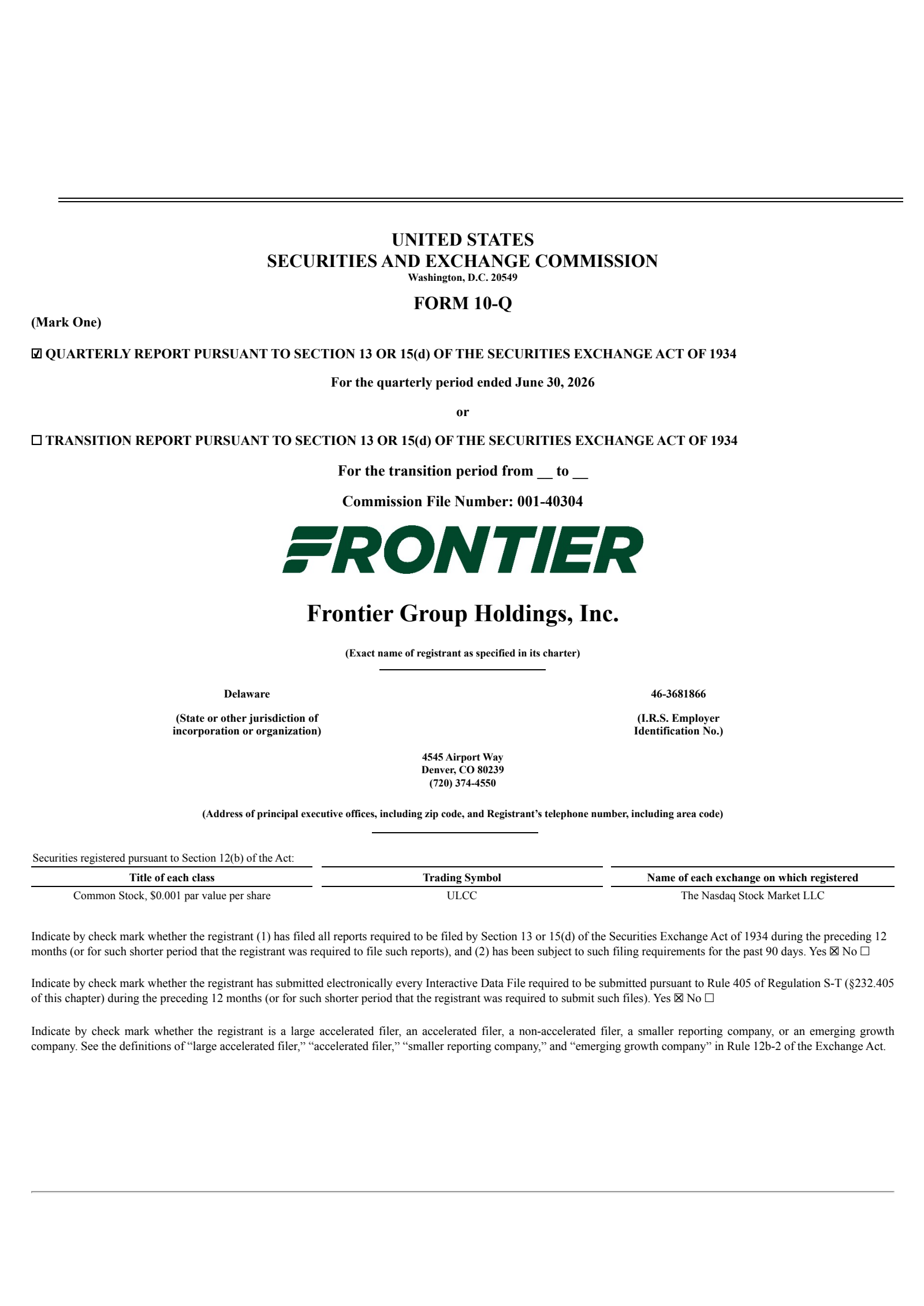 Frontier Group's Q2 2026 Quarterly report