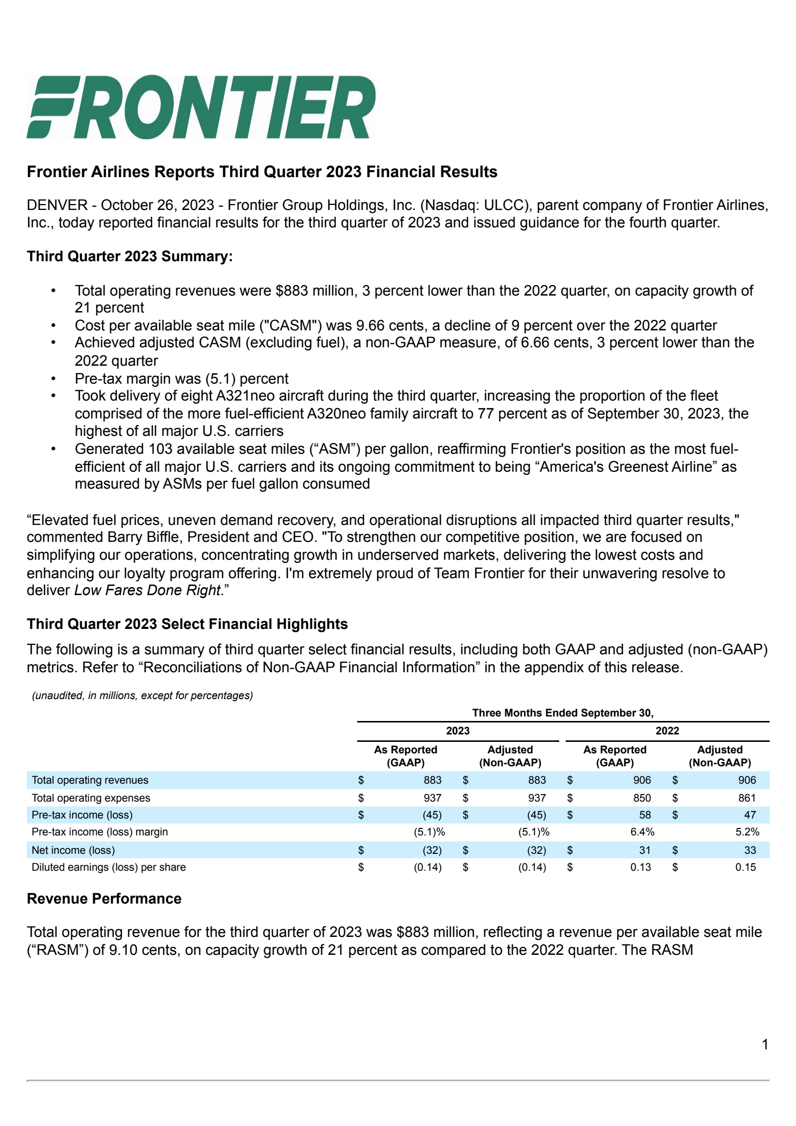 Frontier Group's Q3 2023 Press Release