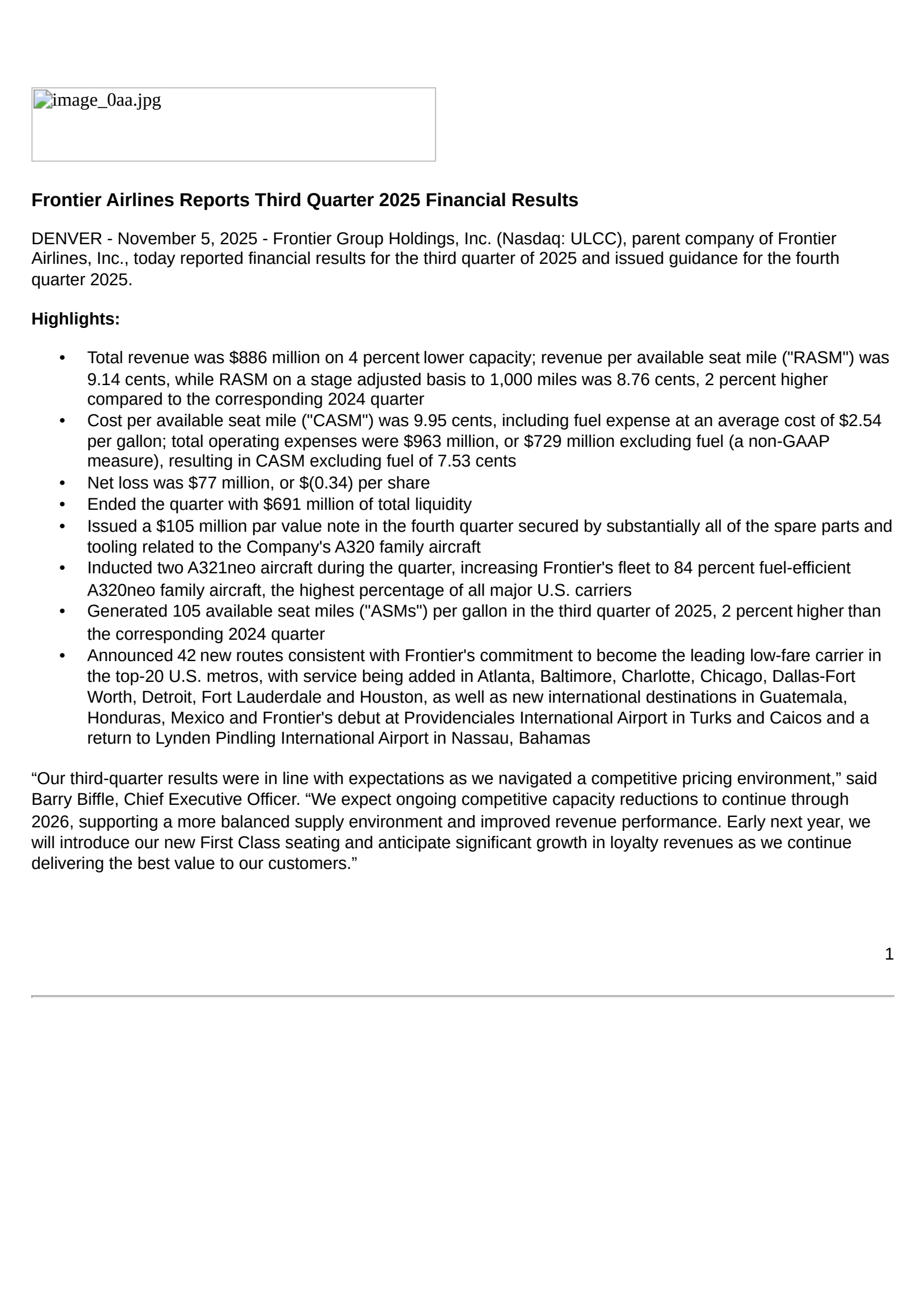 Frontier Group's Q3 2025 Earnings Release