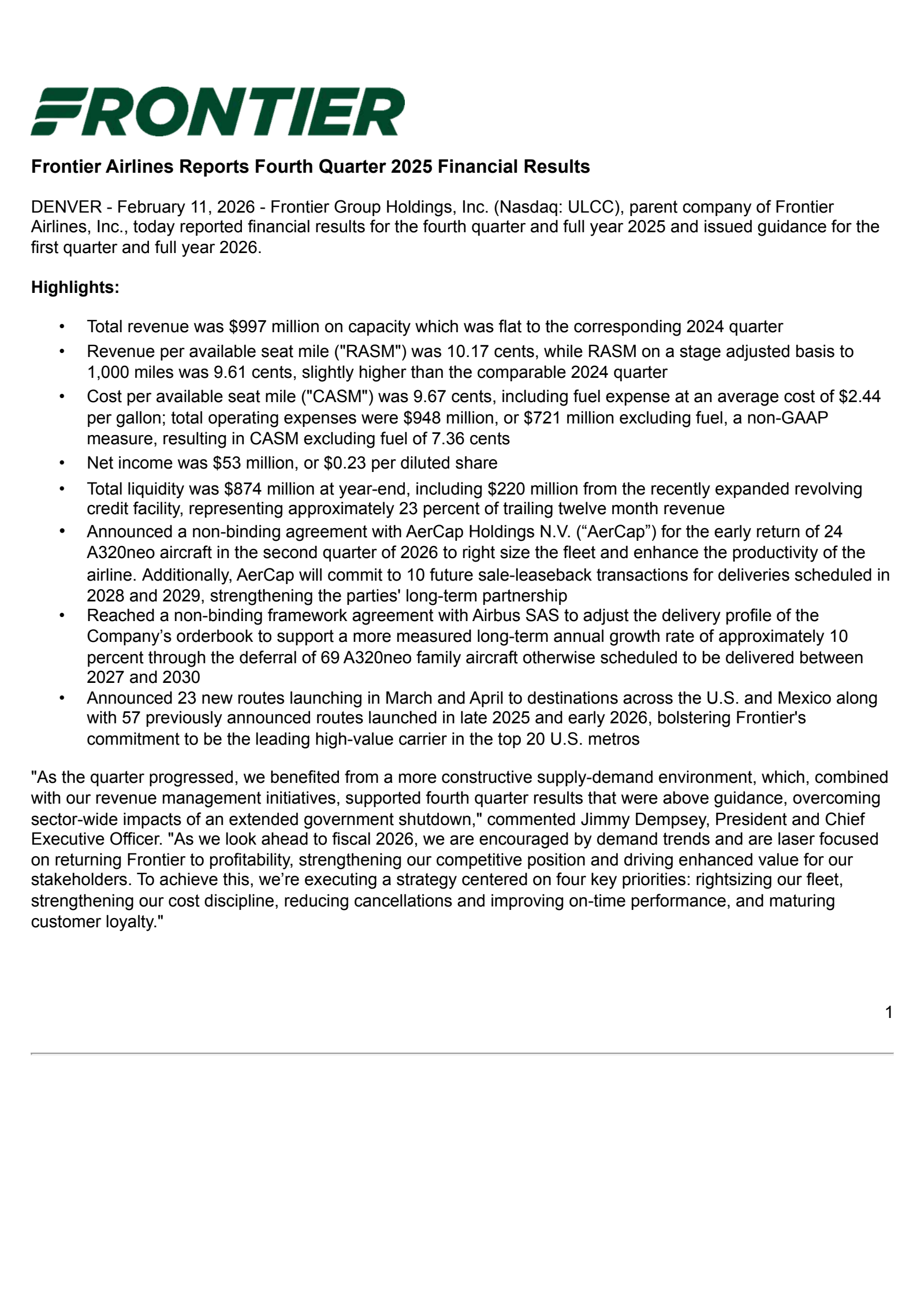 Frontier Group's Q4 2025 Press Release