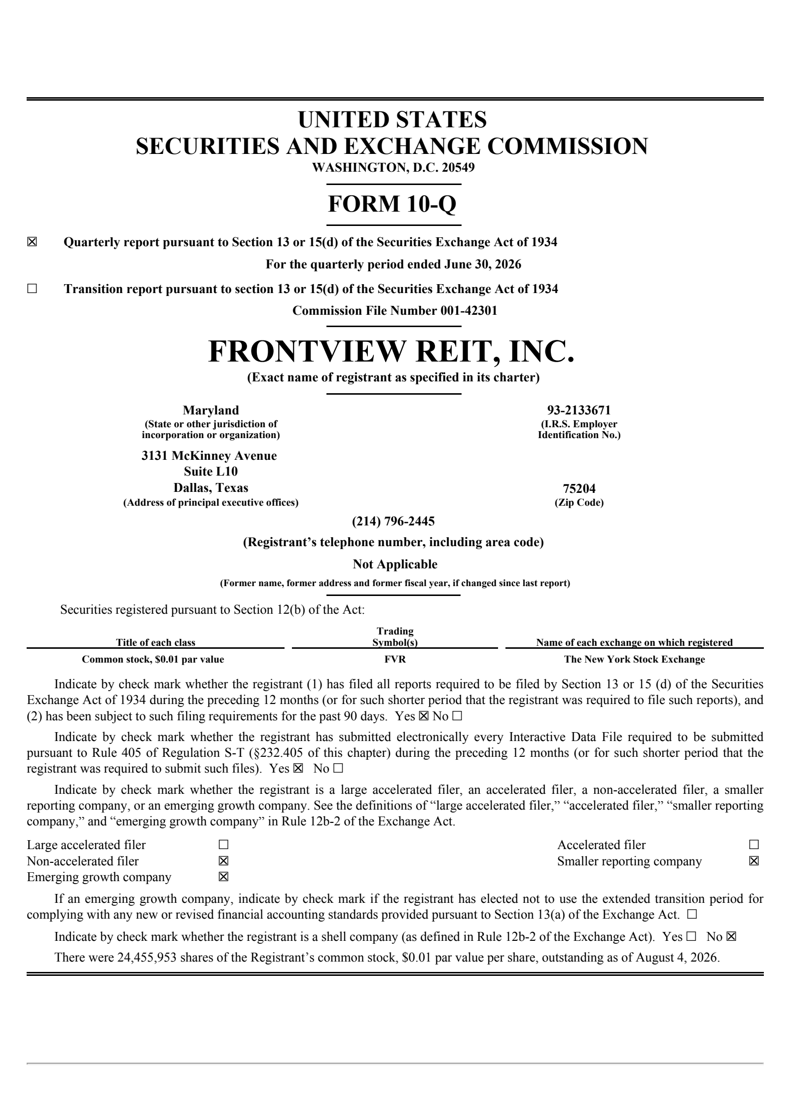 FrontView REIT's Q2 2026 Quarterly report