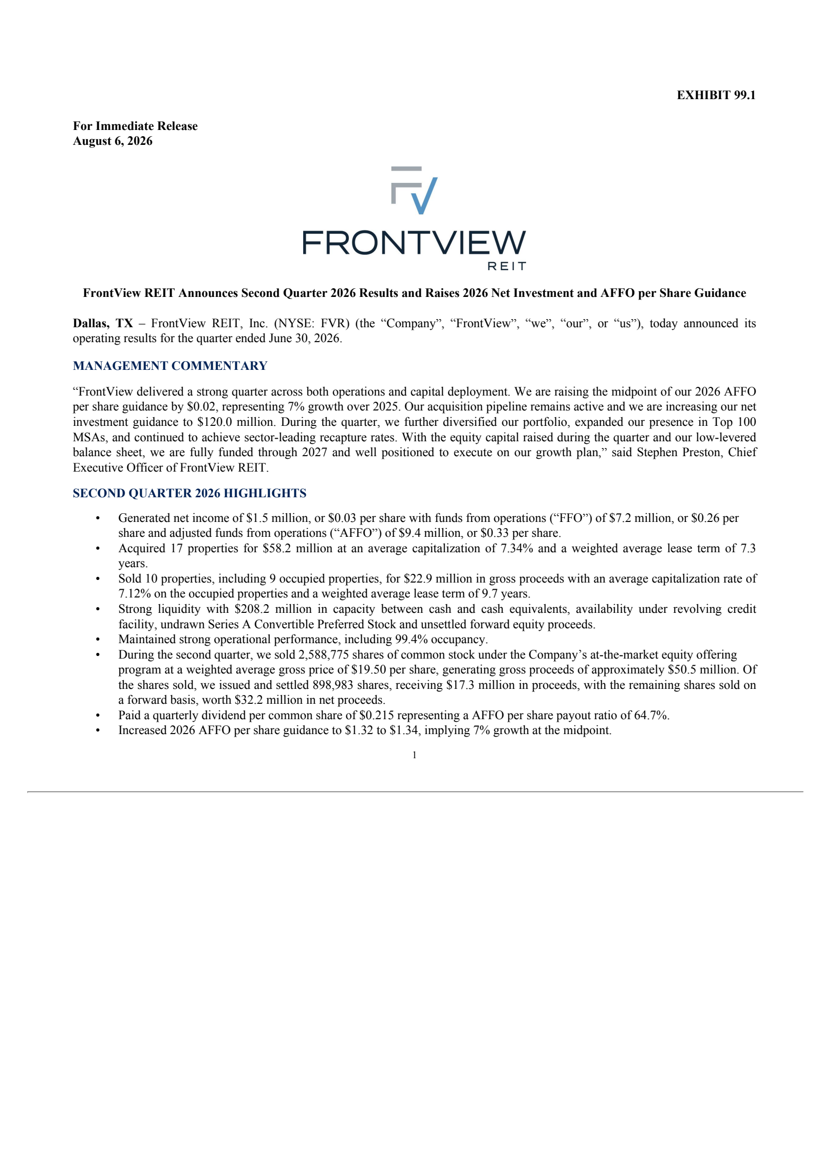 FrontView REIT's Q2 2026 Press Release