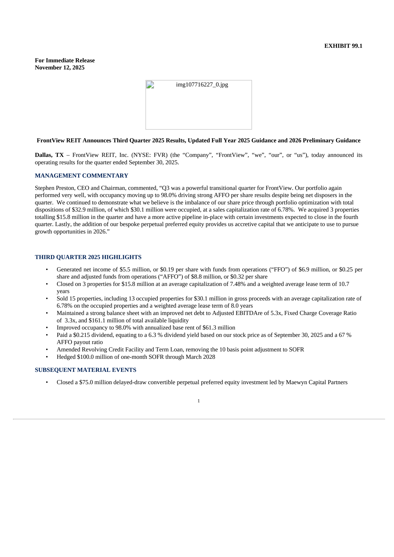 FrontView REIT's Q3 2025 Earnings Release