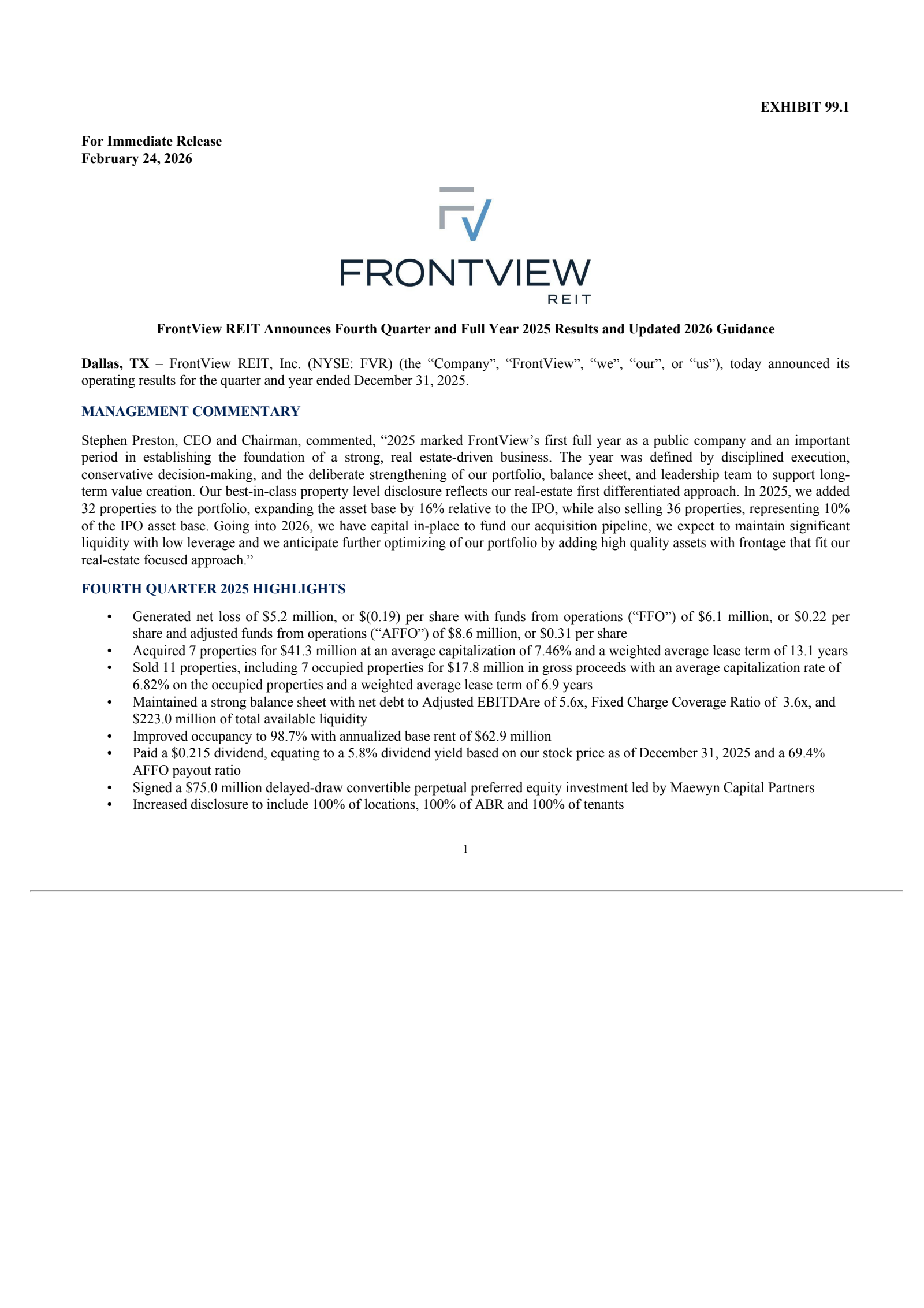 FrontView REIT's Q4 2025 Press Release