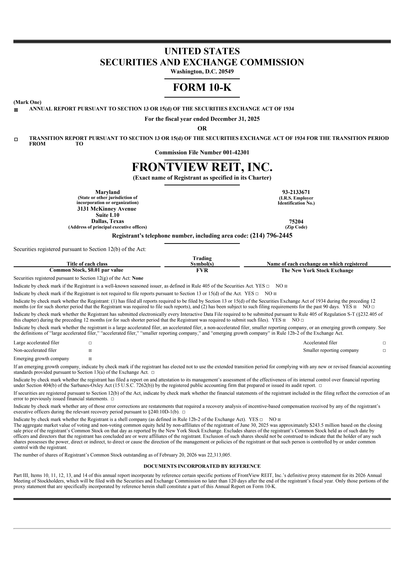 FrontView REIT's Q4 2025 Annual report