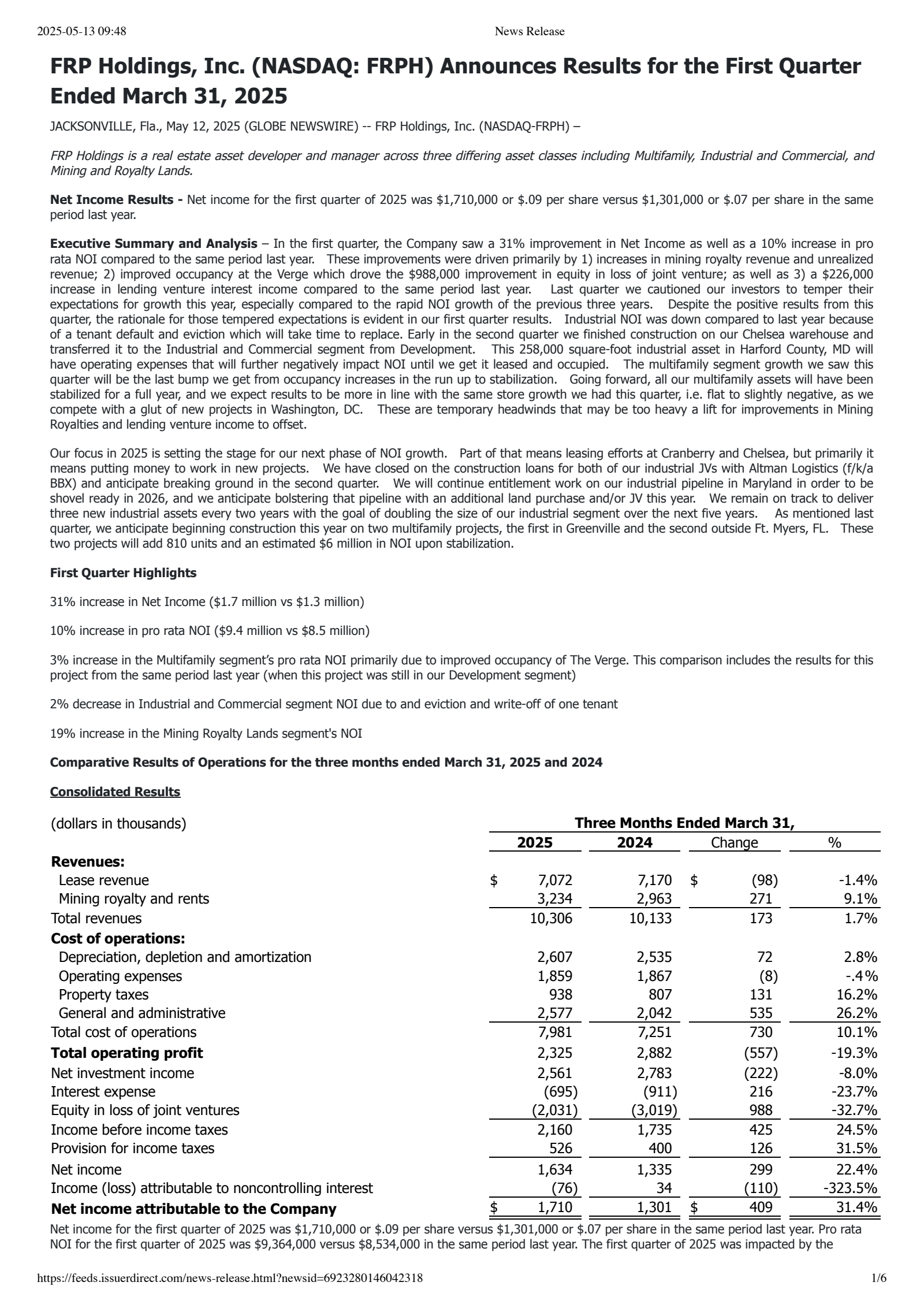 FRP's Q1 2025 Press Release