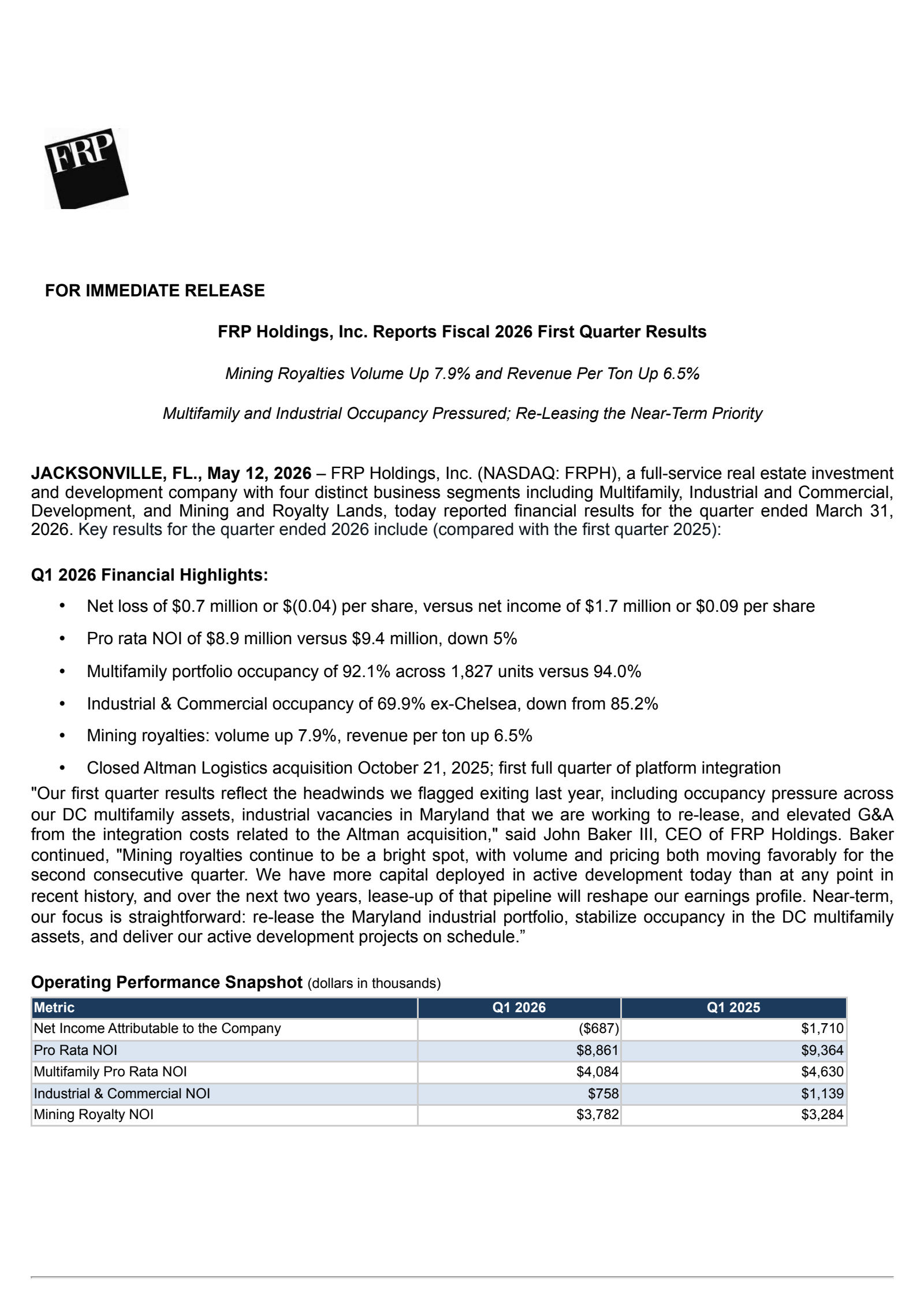 FRP's Q1 2026 Press Release