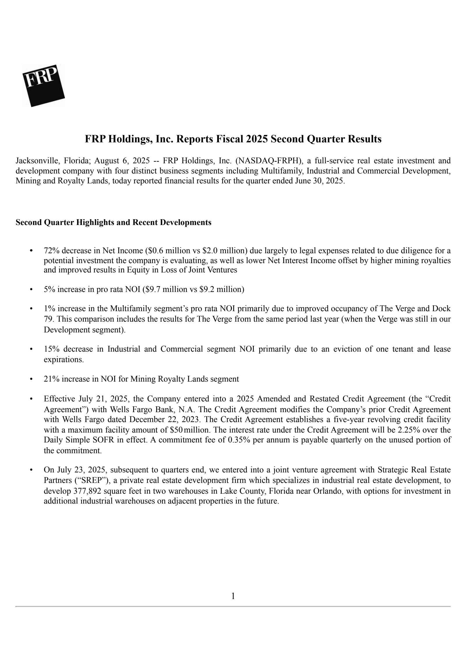 FRP's Q2 2025 Press Release