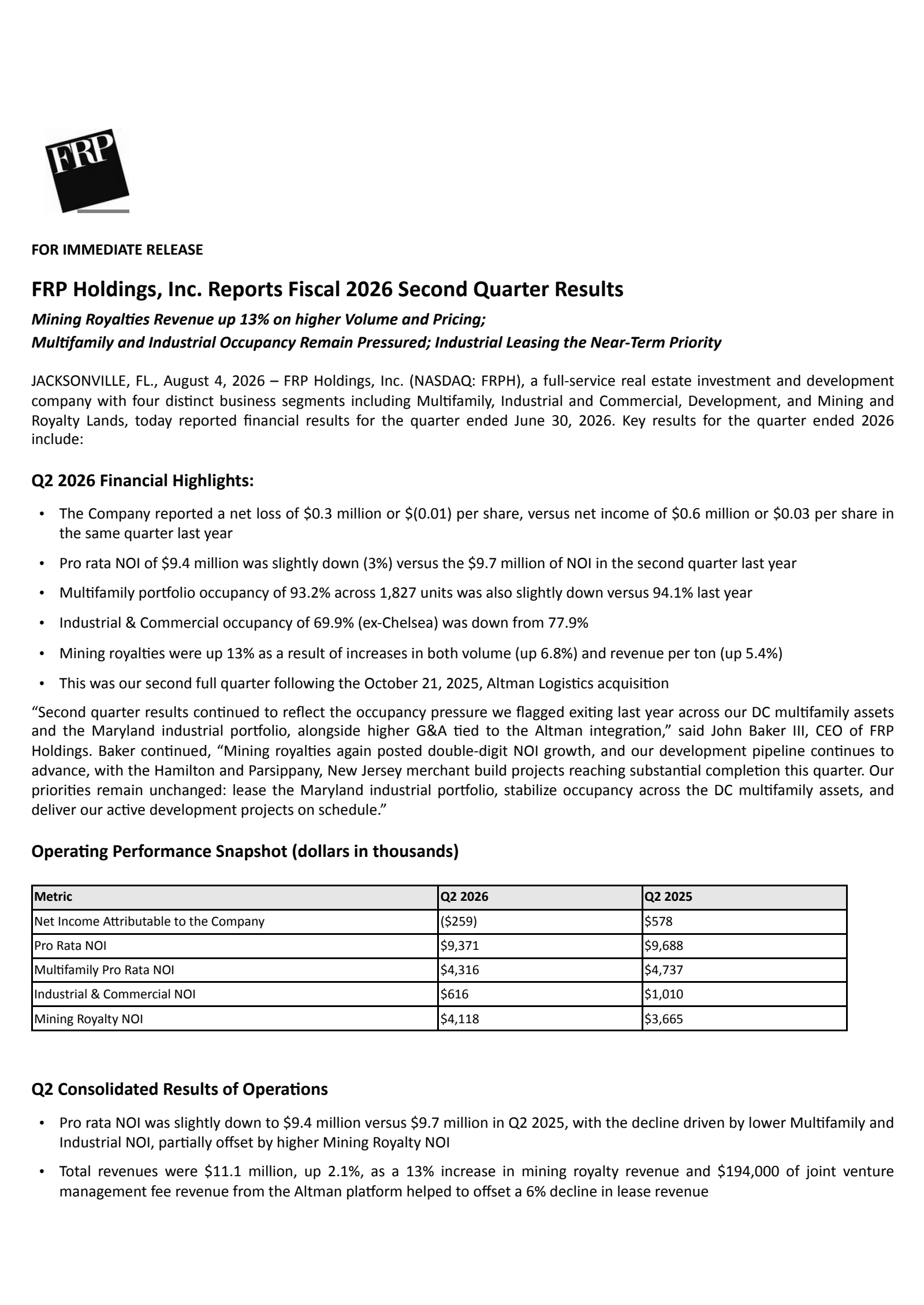 FRP's Q2 2026 Press Release
