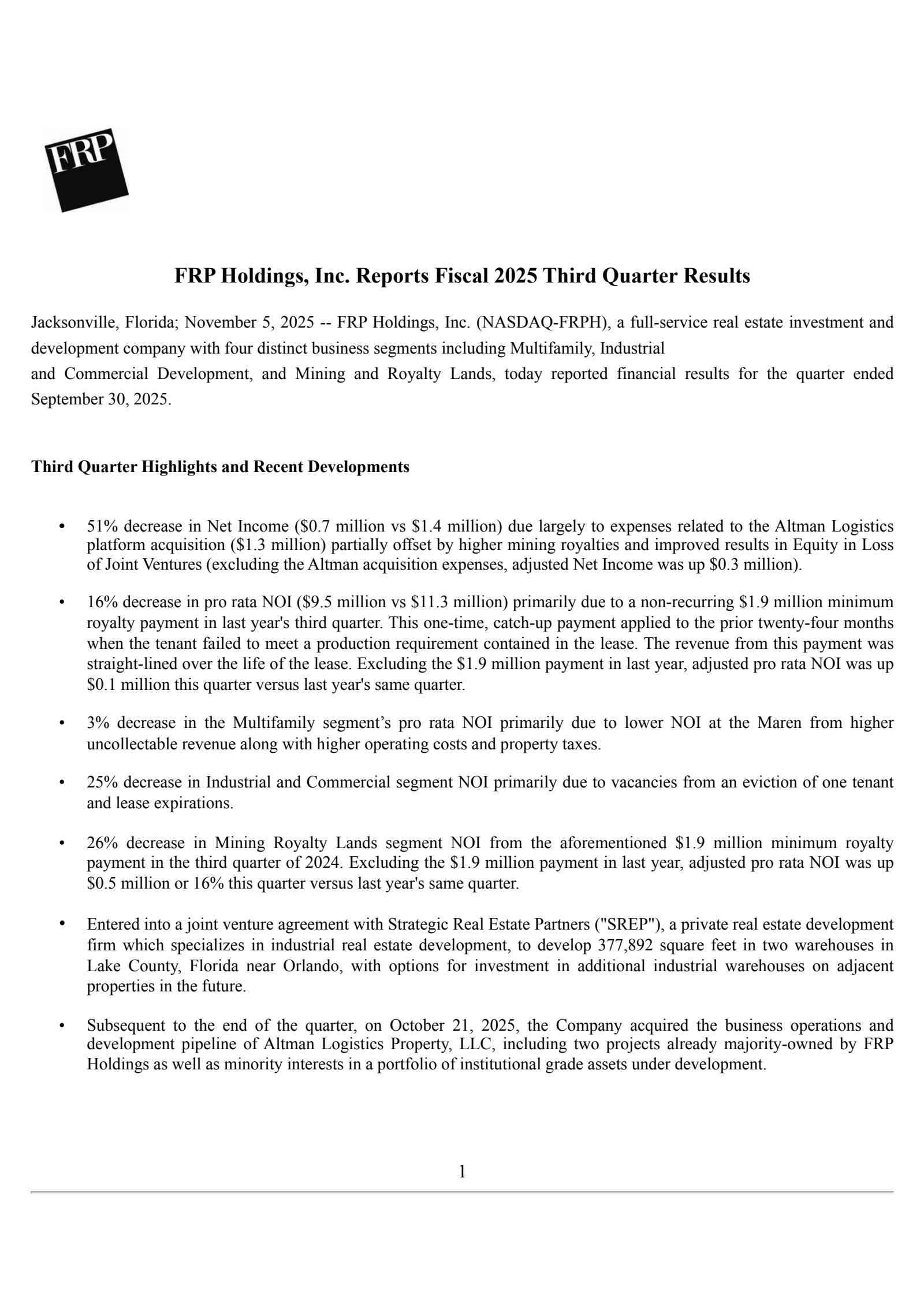 FRP's Q3 2025 Earnings Release