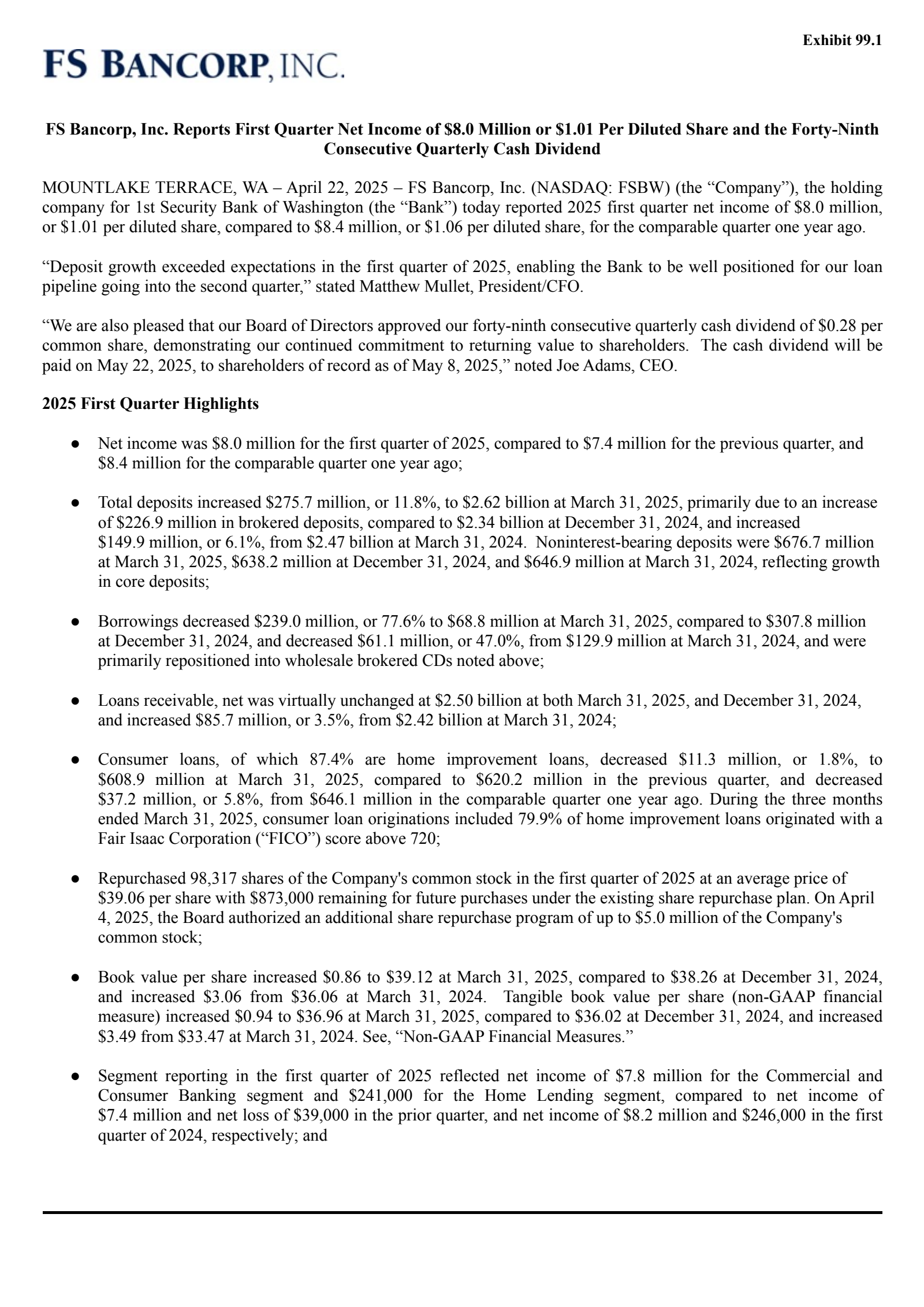 FS Bancorp's Q1 2025 Press Release