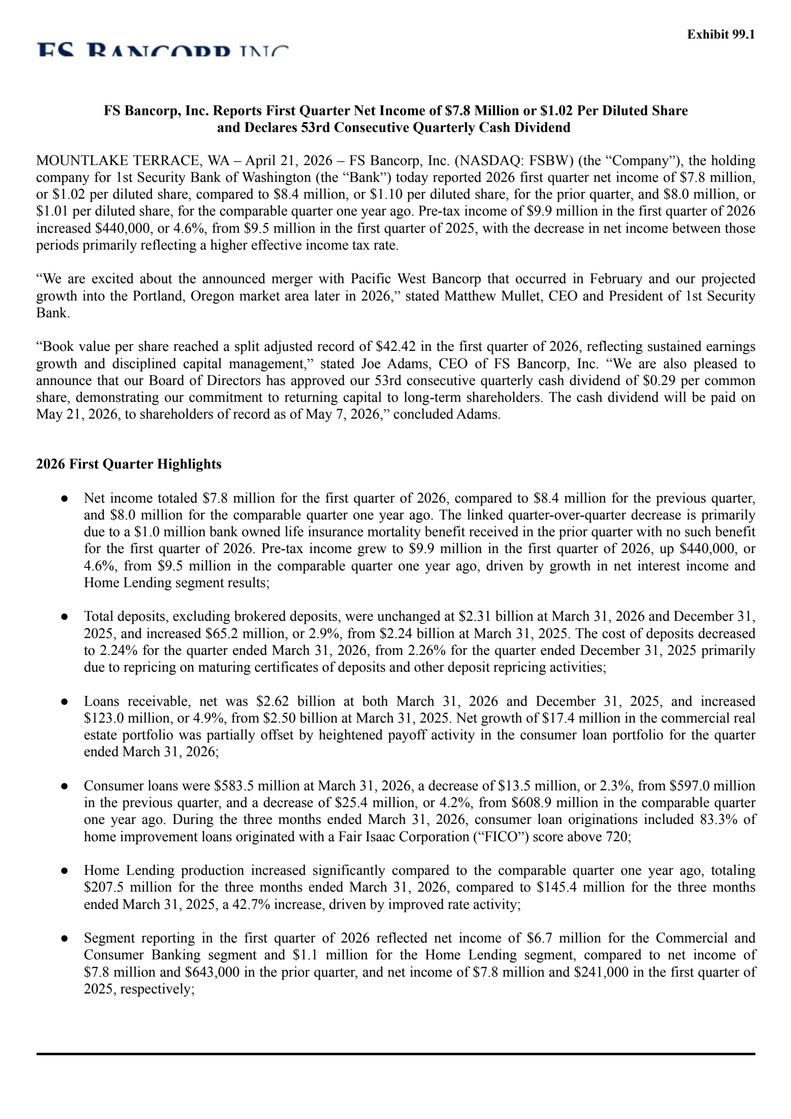 FS Bancorp's Q1 2026 Press Release