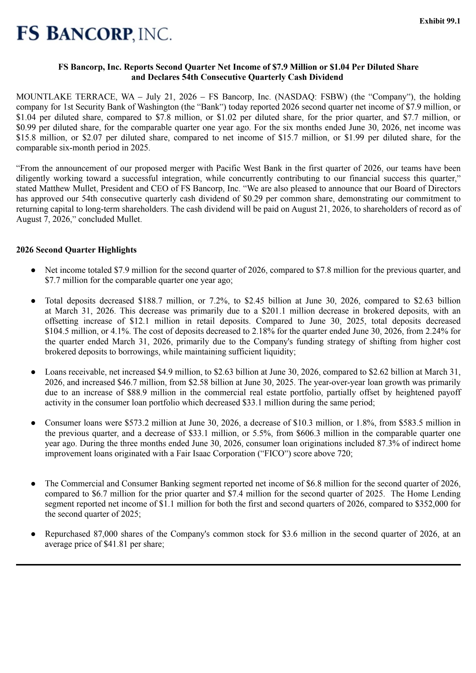 FS Bancorp's Q2 2026 Press Release