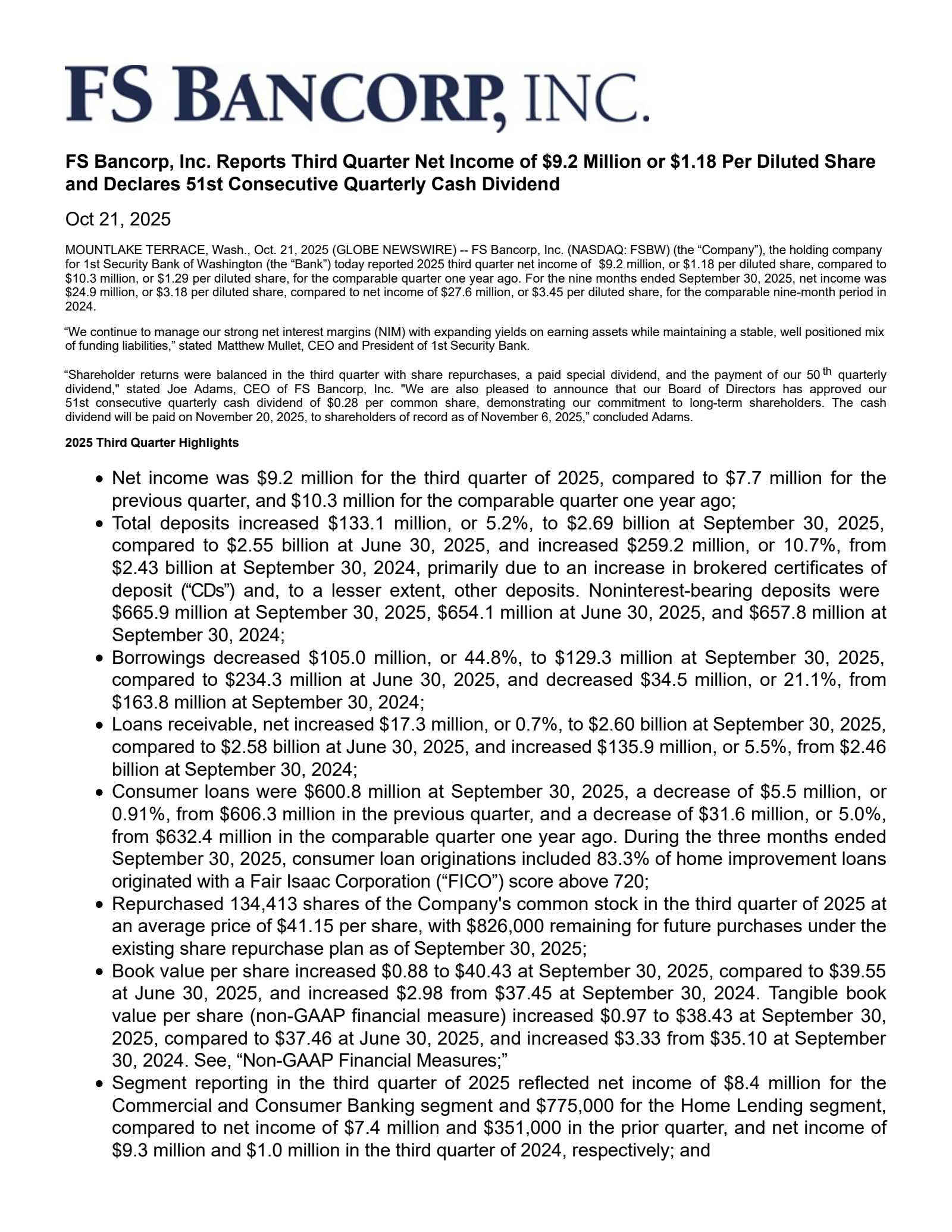 FS Bancorp's Q3 2025 Earnings Release