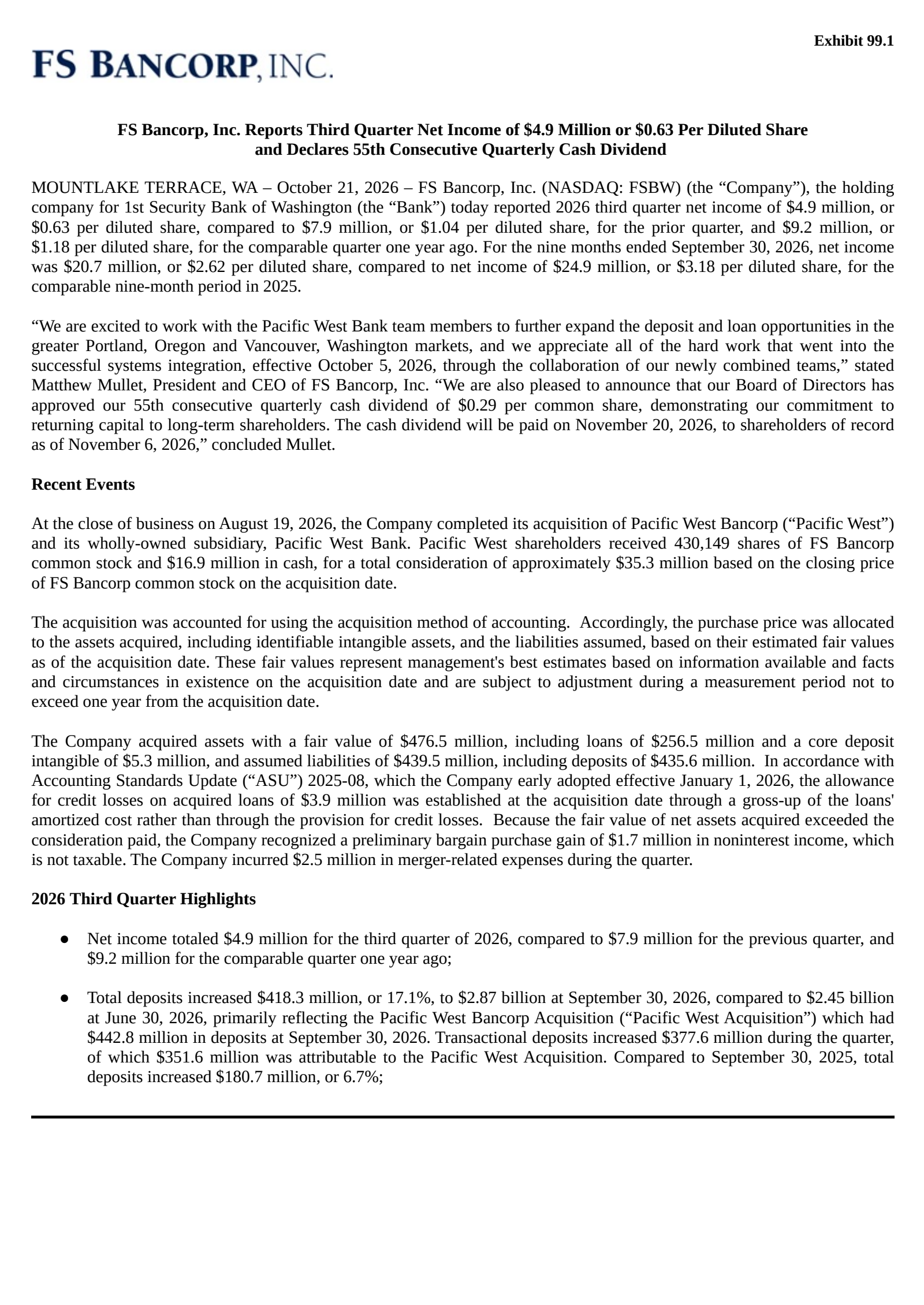 FS Bancorp's Q3 2026 Press Release