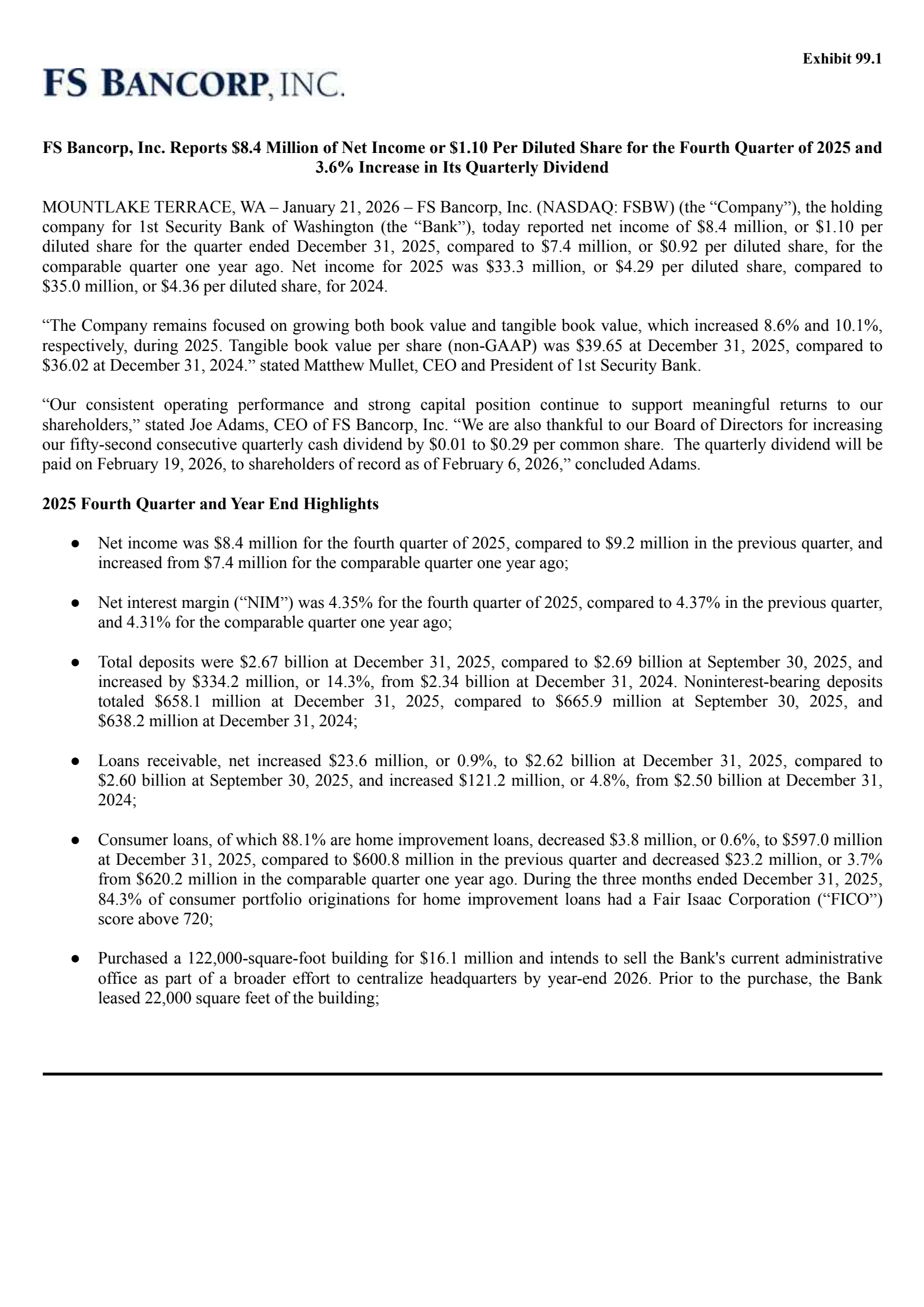 FS Bancorp's Q4 2025 Press Release