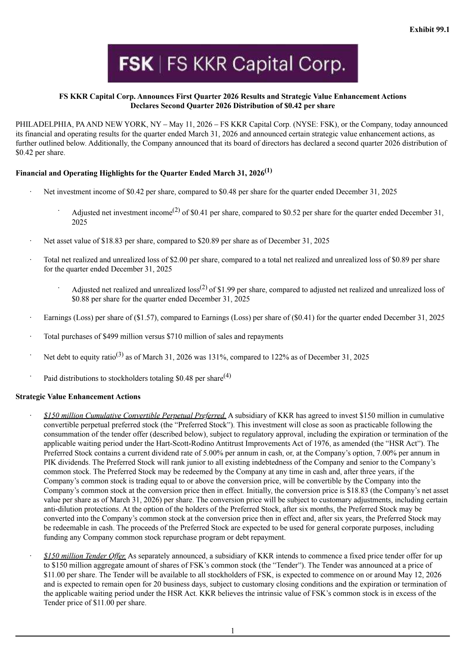 FS KKR Capital's Q1 2026 Press Release