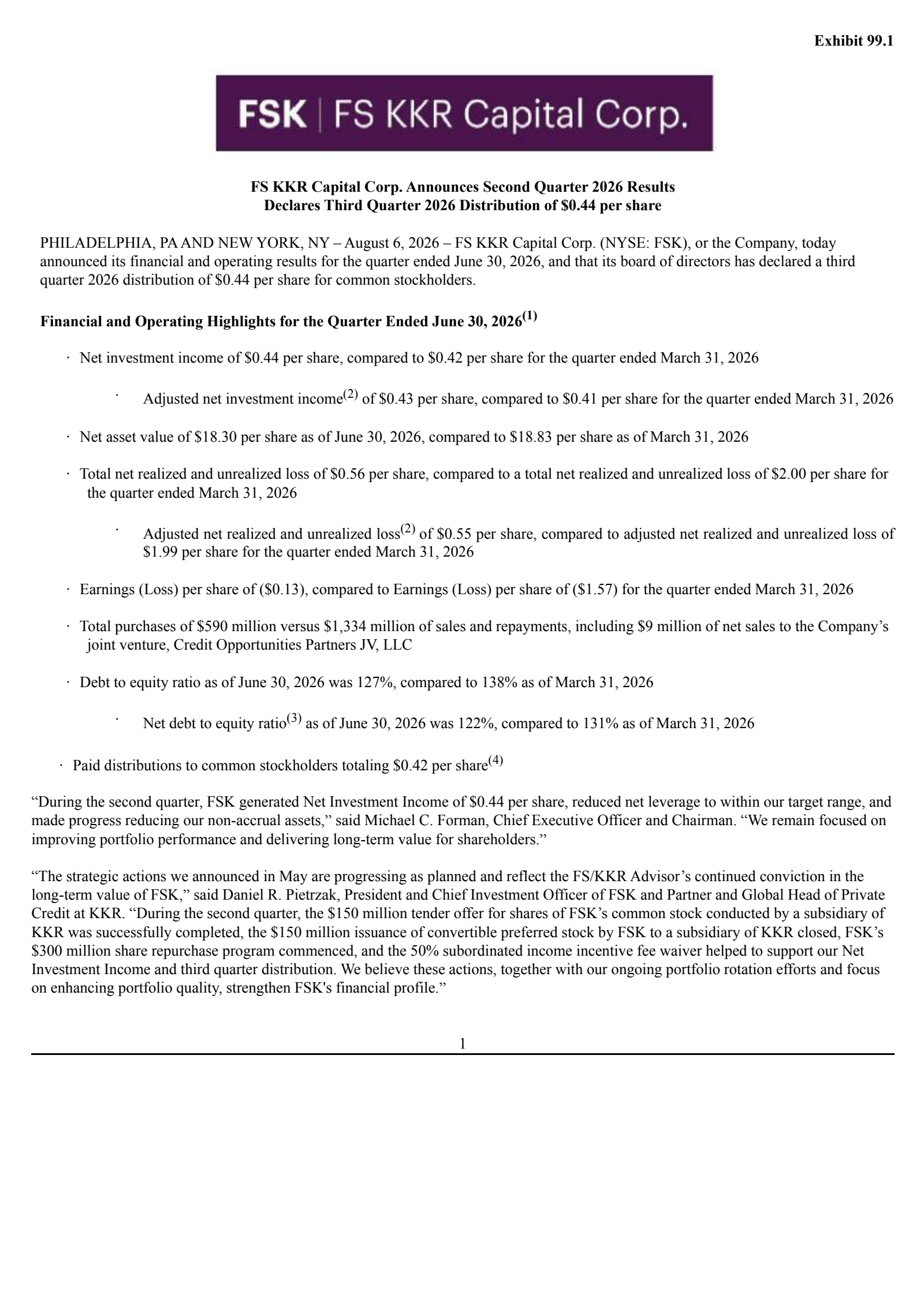 FS KKR Capital's Q2 2026 Press Release