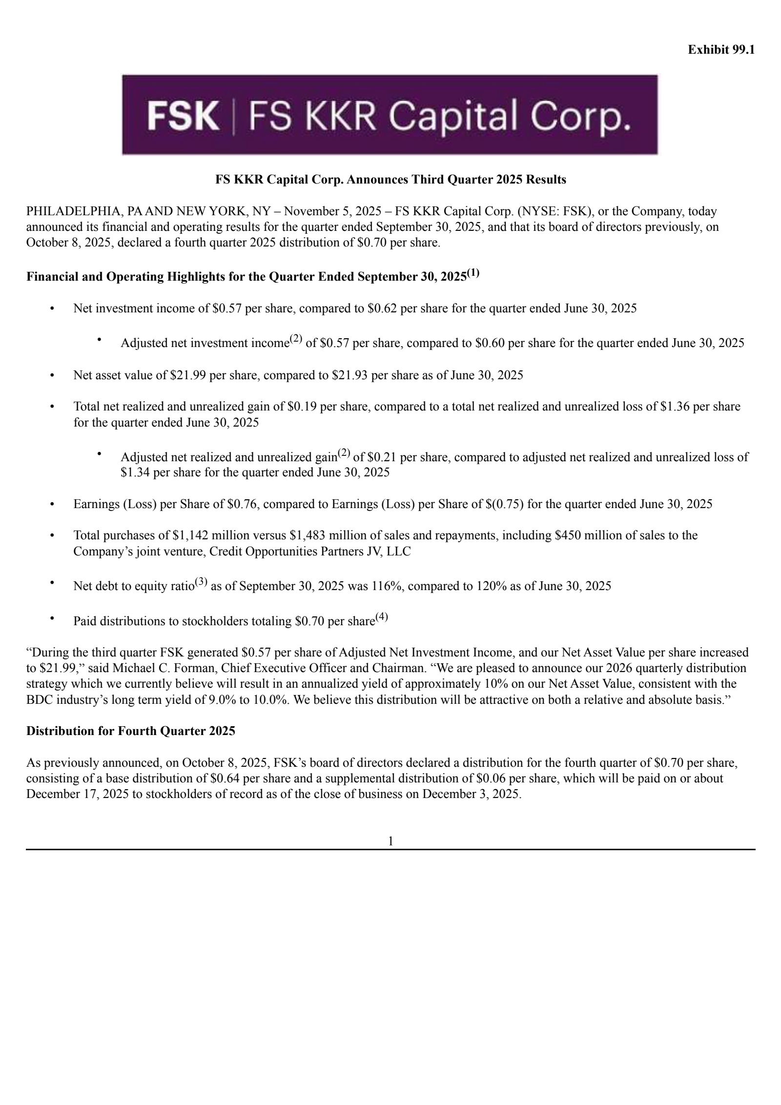 FS KKR Capital's Q3 2025 Earnings Release