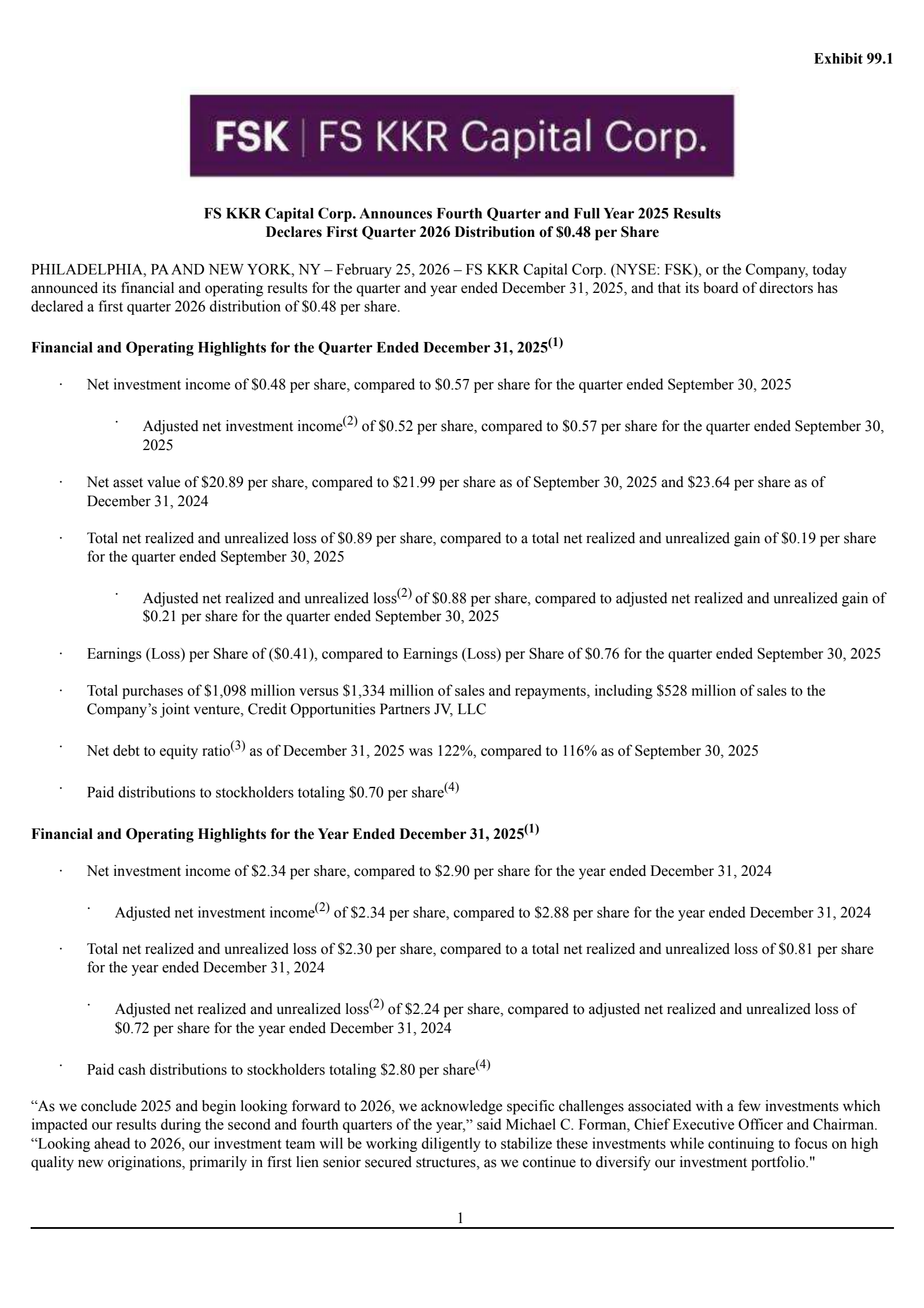 FS KKR Capital's Q4 2025 Press Release