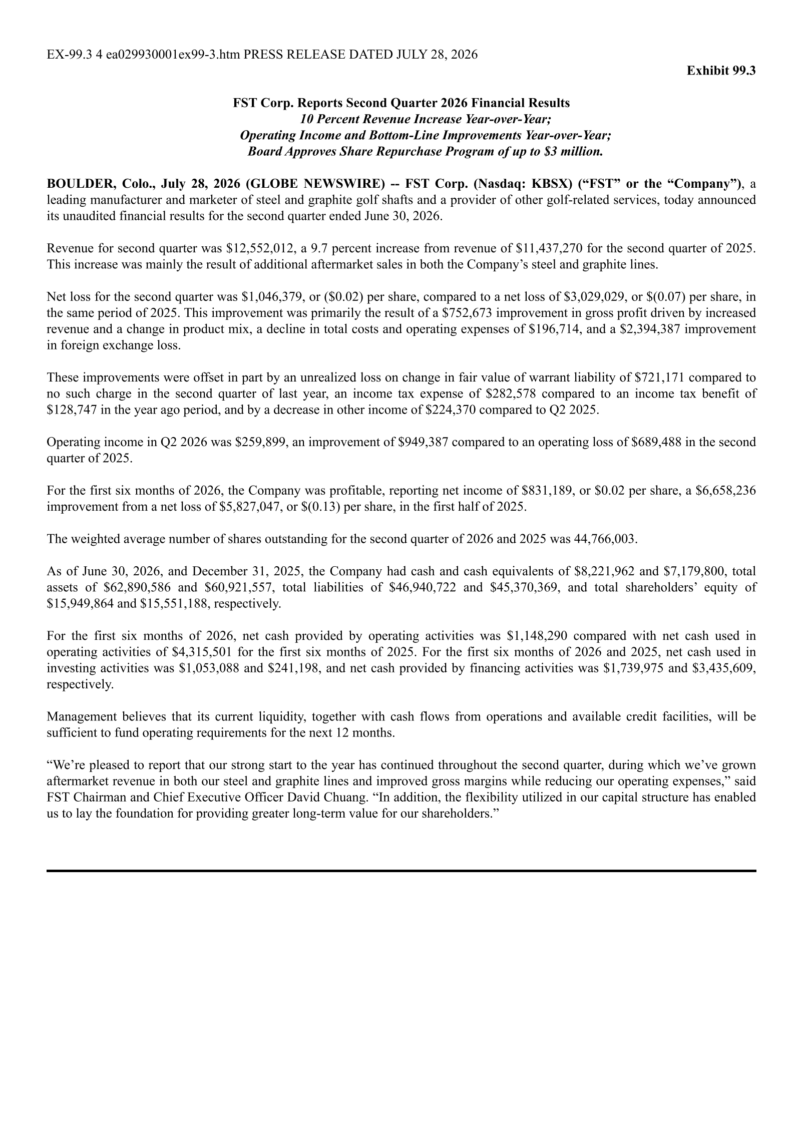 FST's Q2 2026 Press Release