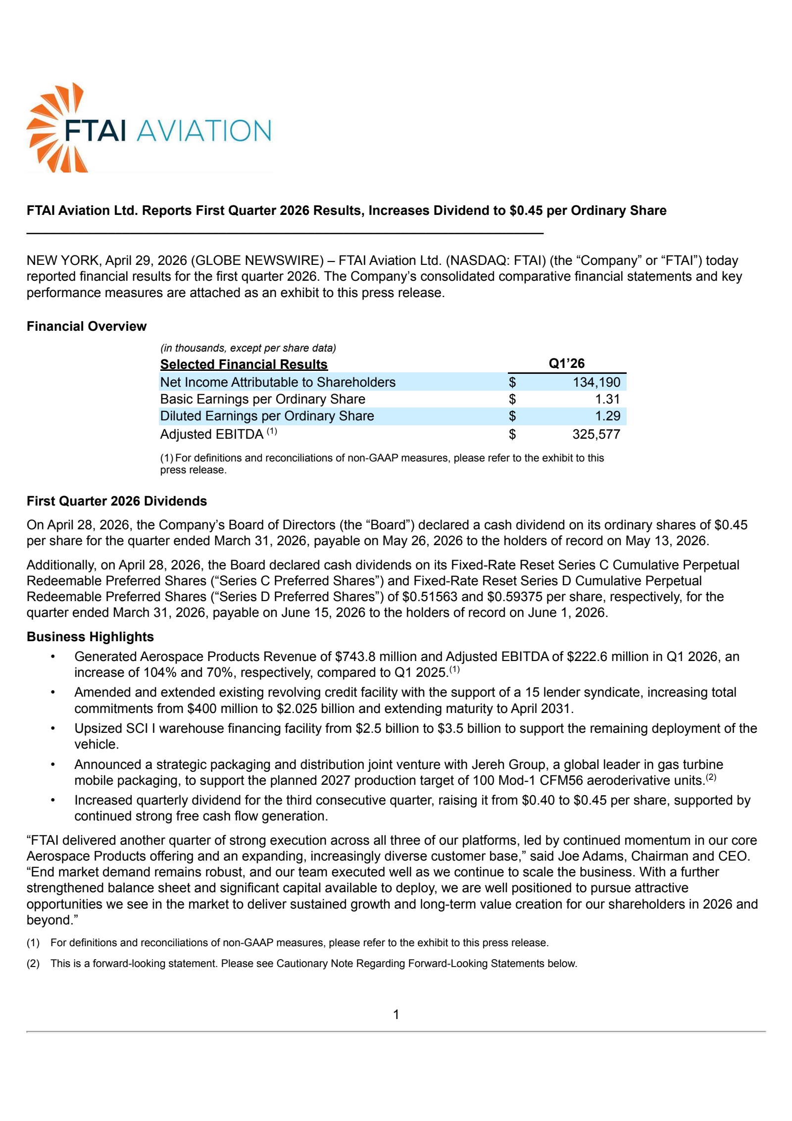 FTAI Aviation's Q1 2026 Press Release