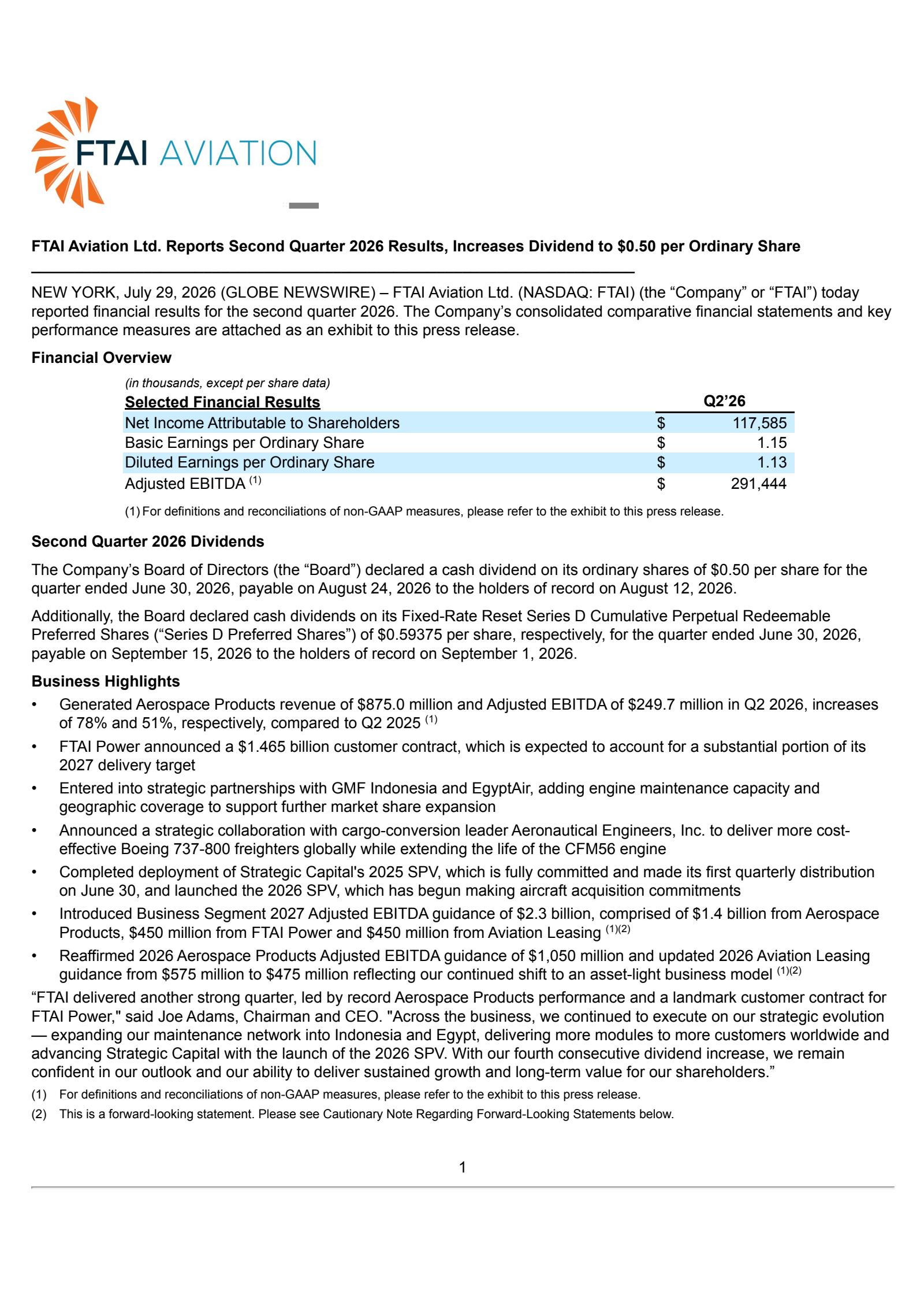 FTAI Aviation's Q2 2026 Press Release