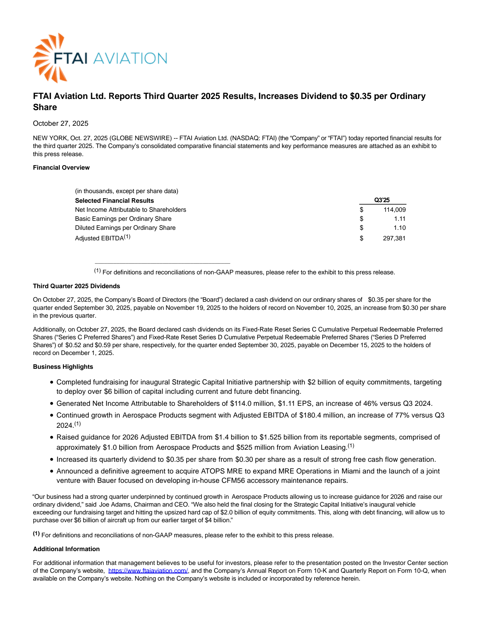 FTAI Aviation's Q3 2025 Earnings Release
