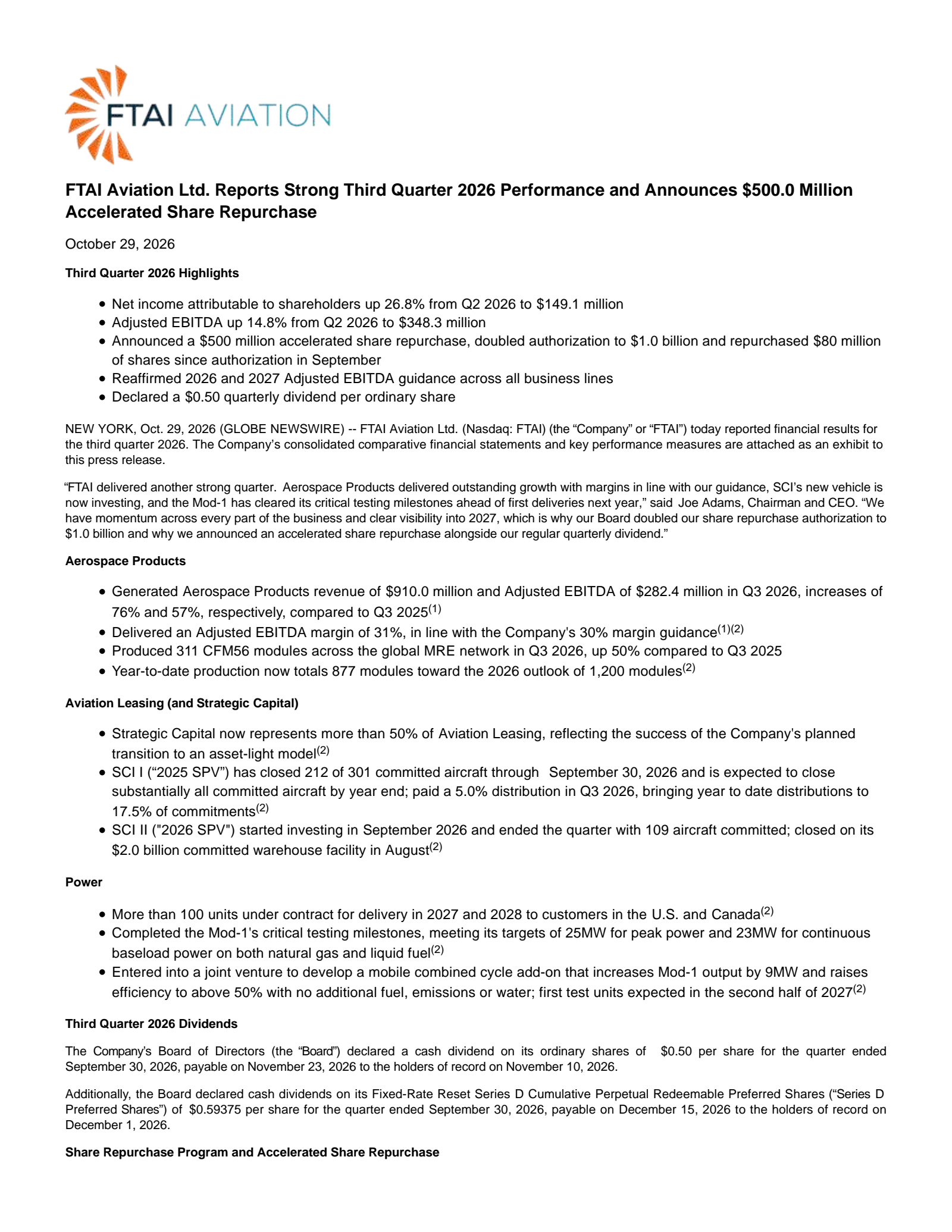 FTAI Aviation's Q3 2026 Press Release