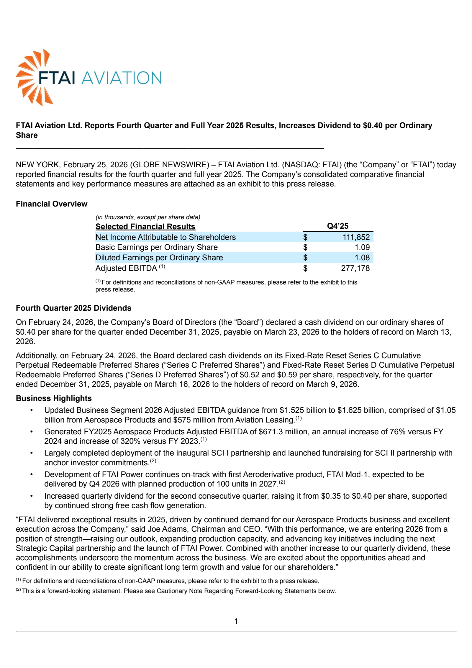 FTAI Aviation's Q4 2025 Press Release