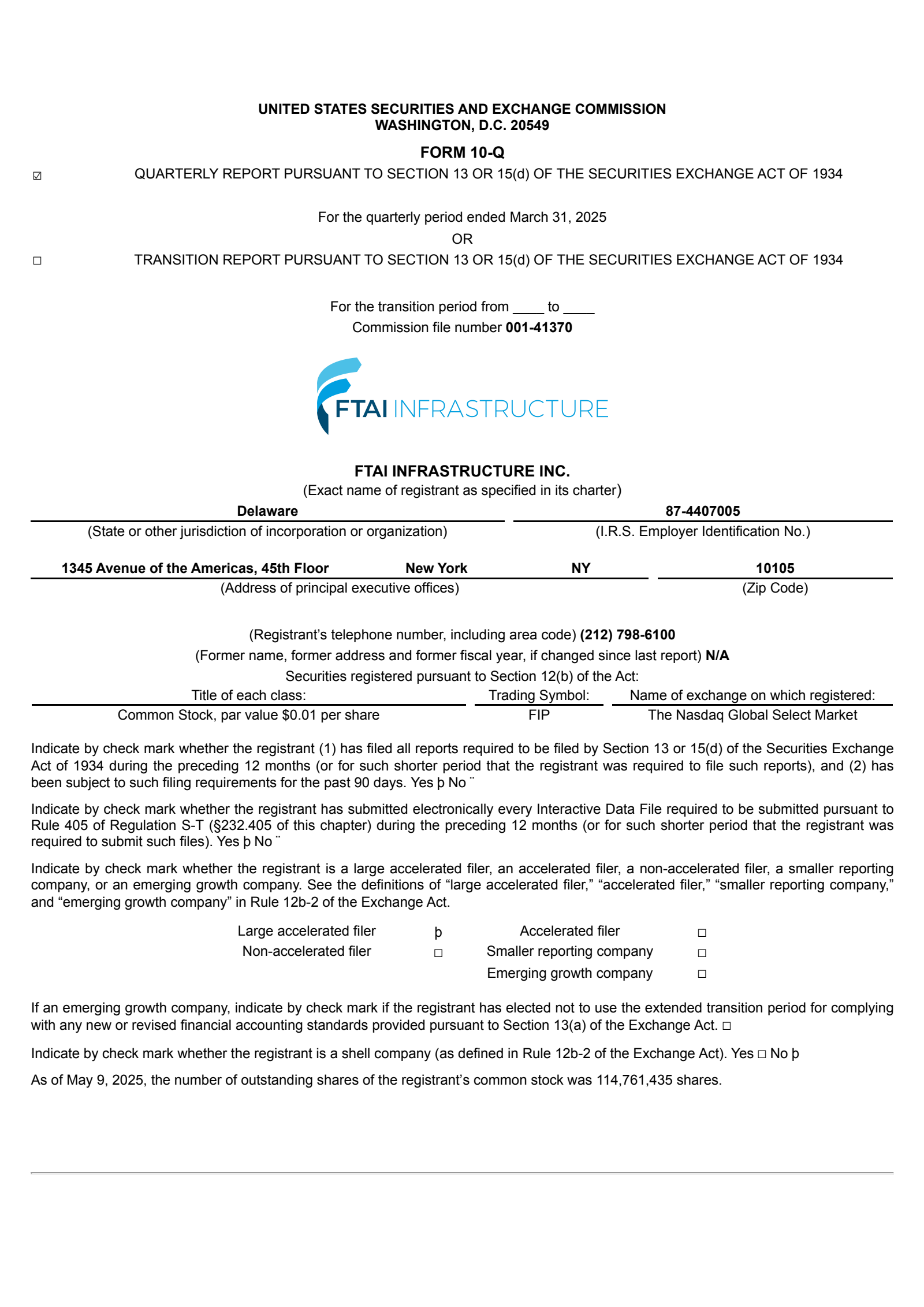 FTAI Infrastructure's Q1 2025 Quarterly report