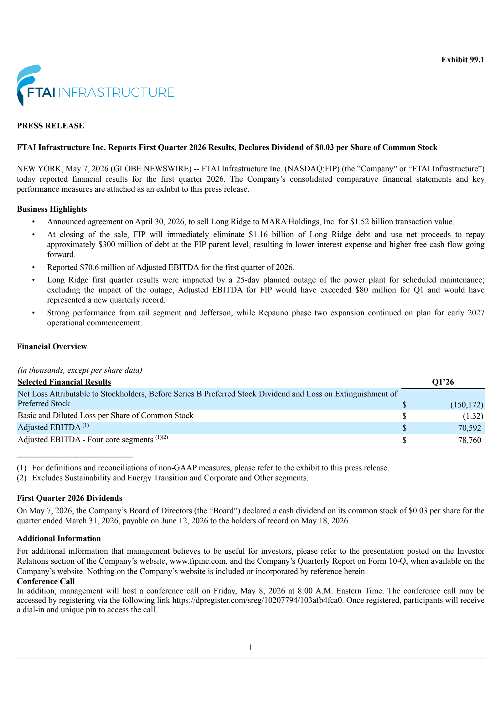 FTAI Infrastructure's Q1 2026 Press Release