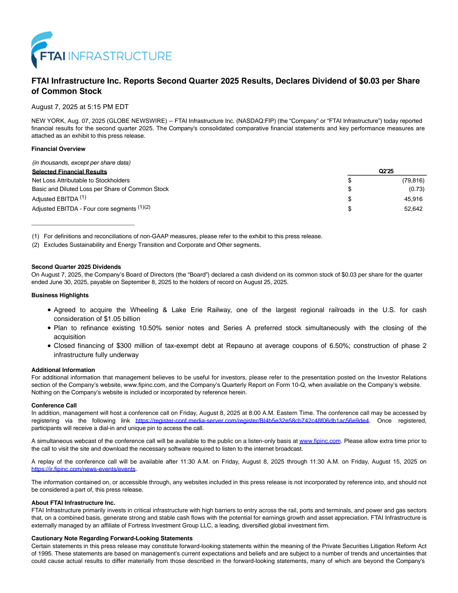 FTAI Infrastructure's Q2 2025 Press Release
