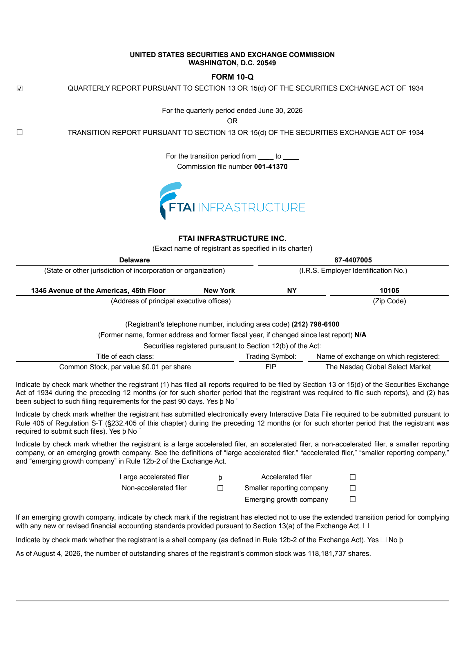 FTAI Infrastructure's Q2 2026 Quarterly report