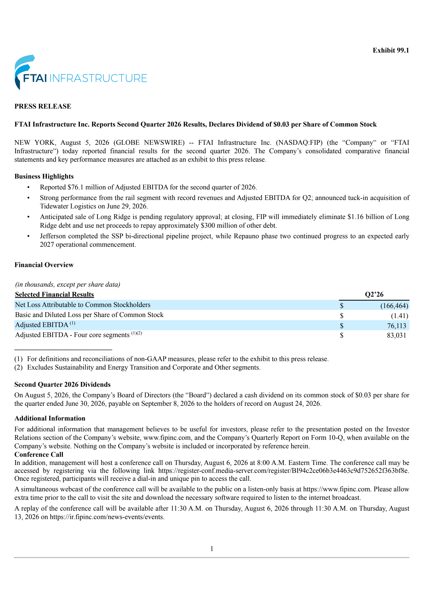 FTAI Infrastructure's Q2 2026 Press Release