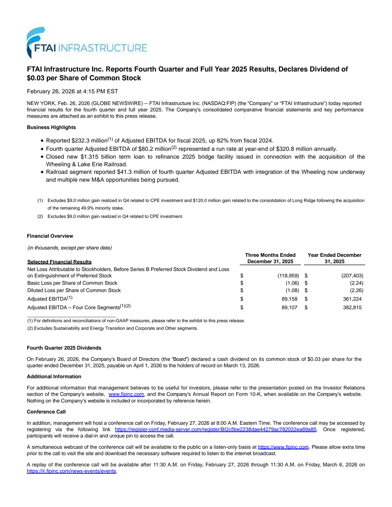 FTAI Infrastructure's Q4 2025 Press Release