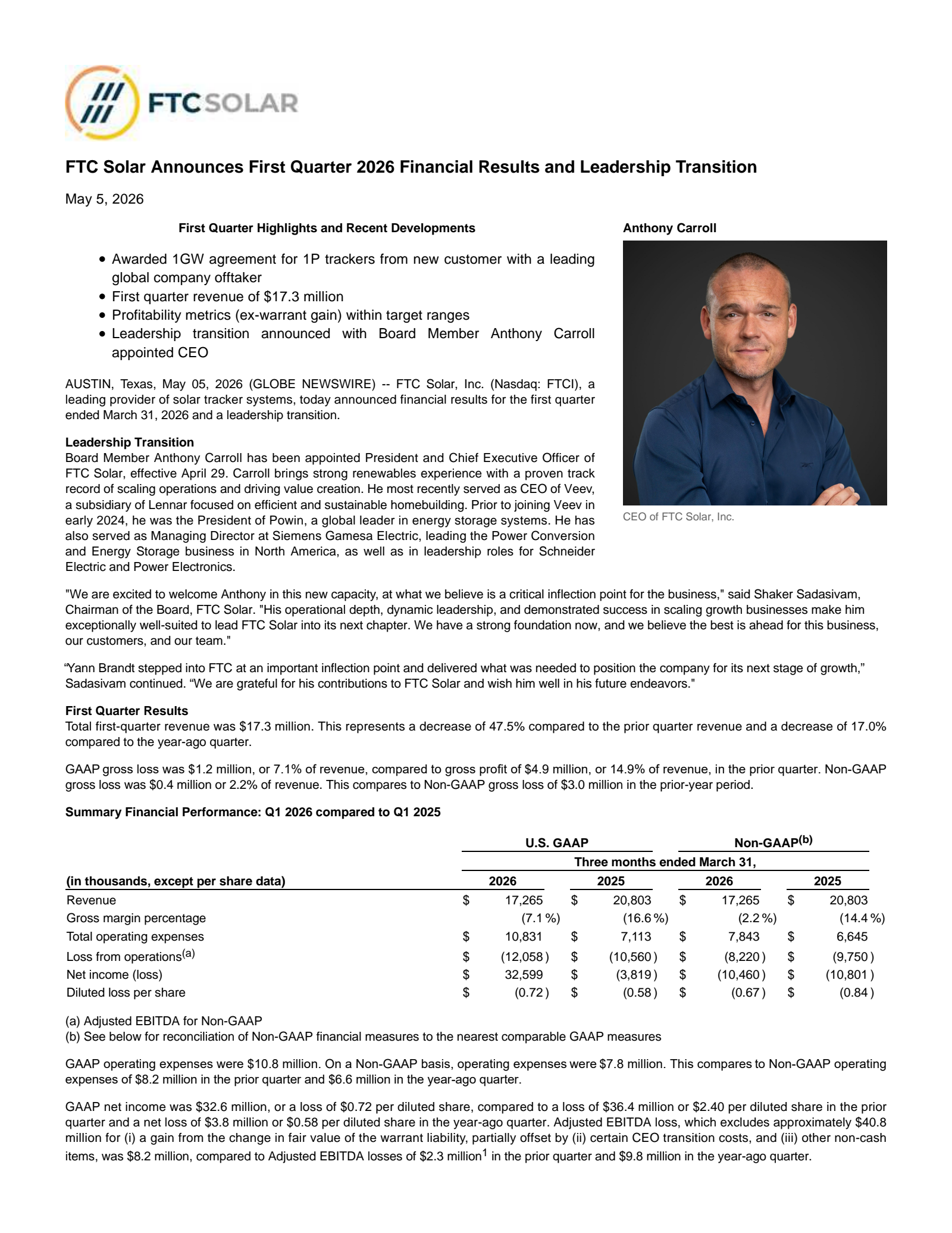 FTC Solar's Q1 2026 Press Release