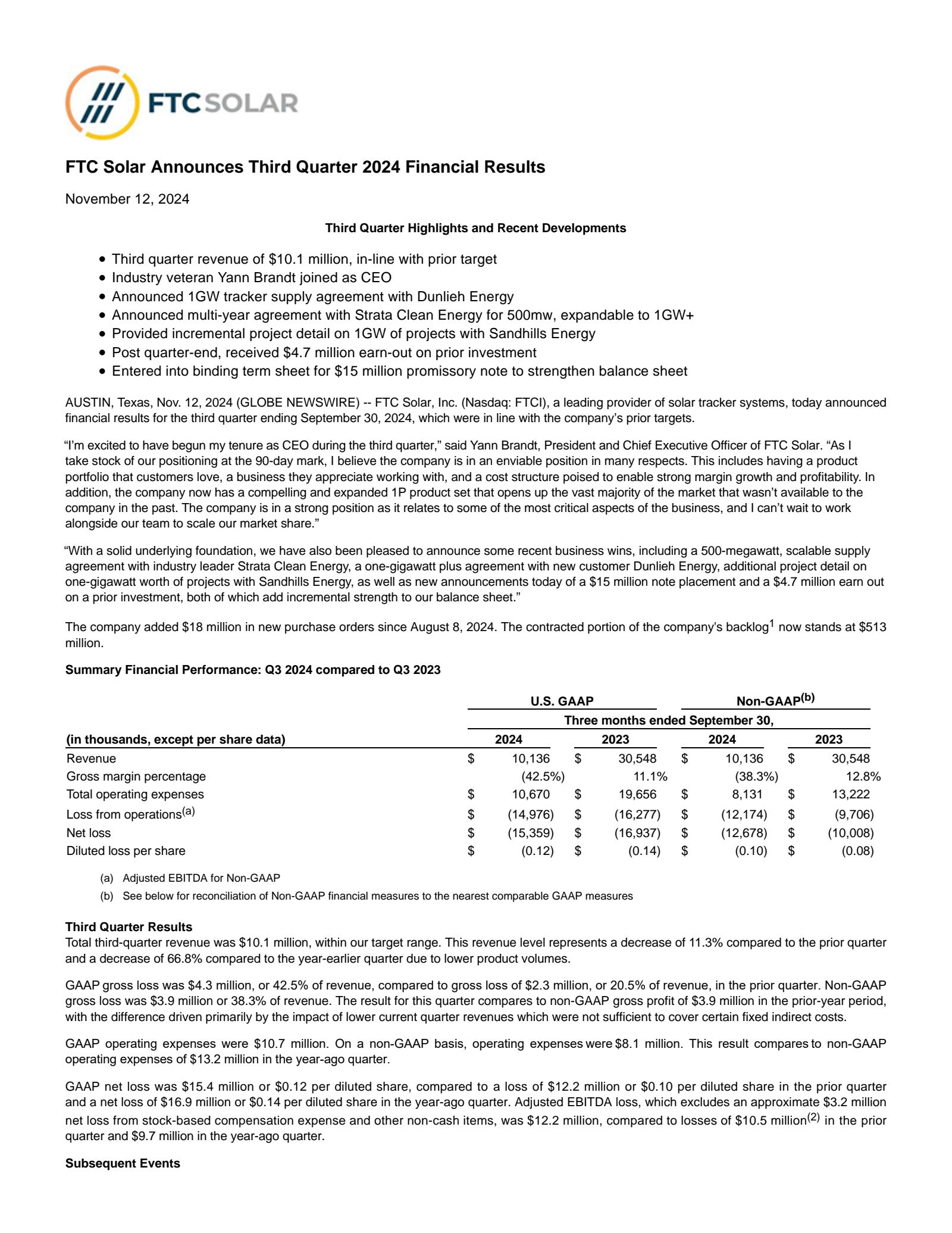 FTC Solar's Q3 2024 Press Release