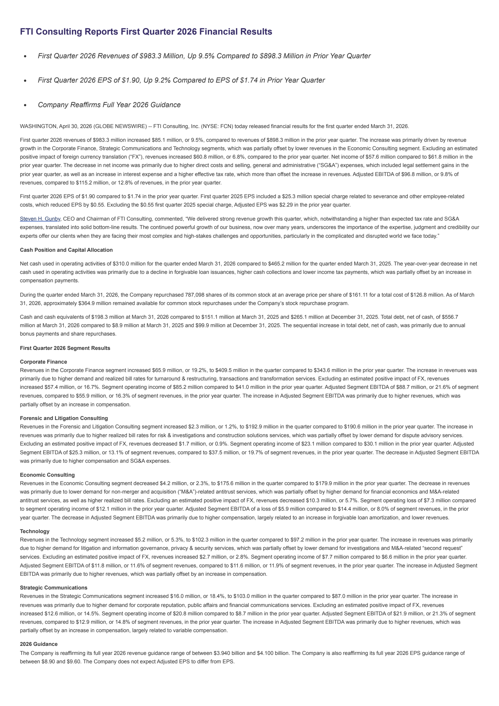 FTI Consulting's Q1 2026 Press Release