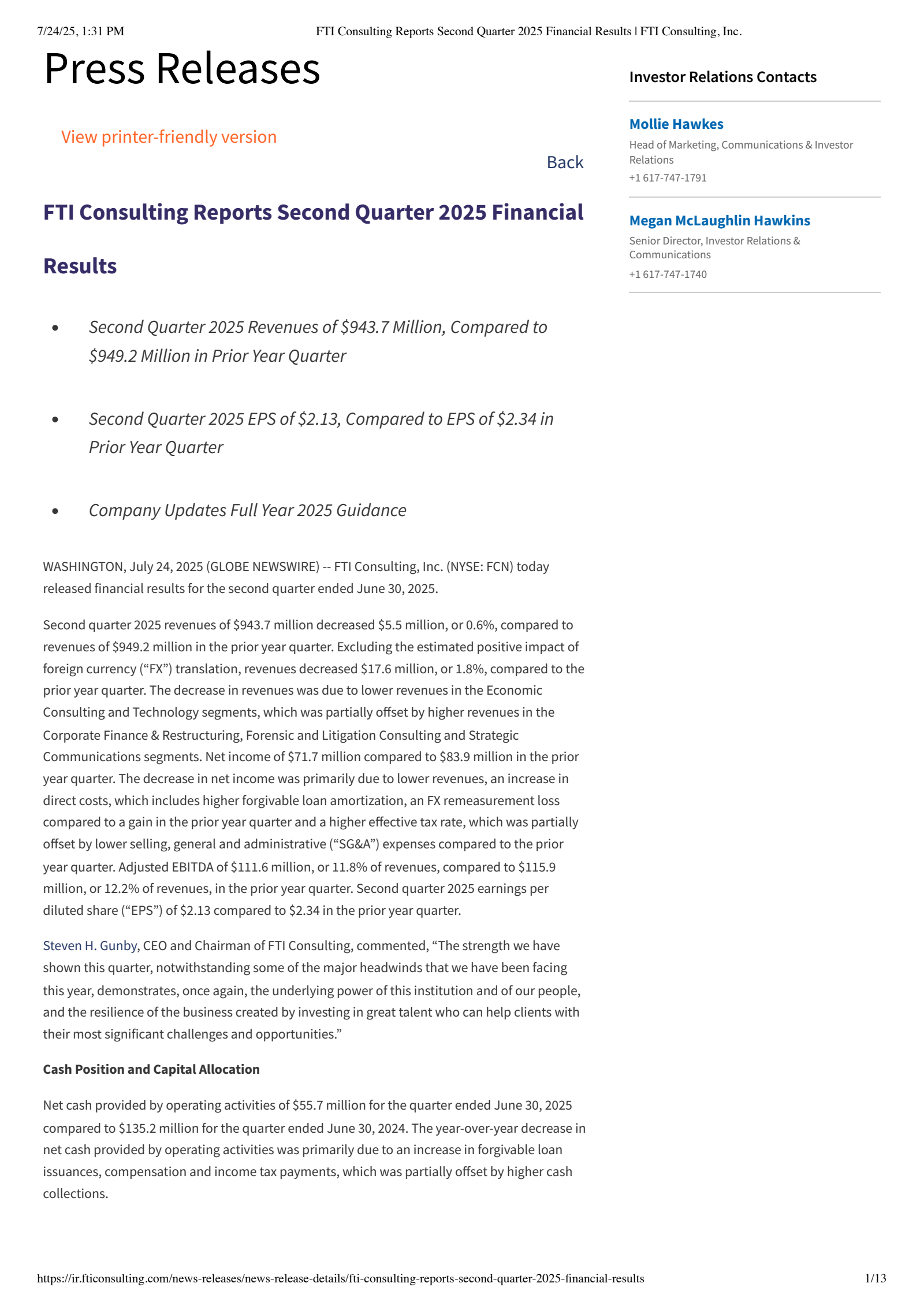 FTI Consulting's Q2 2025 Press Release