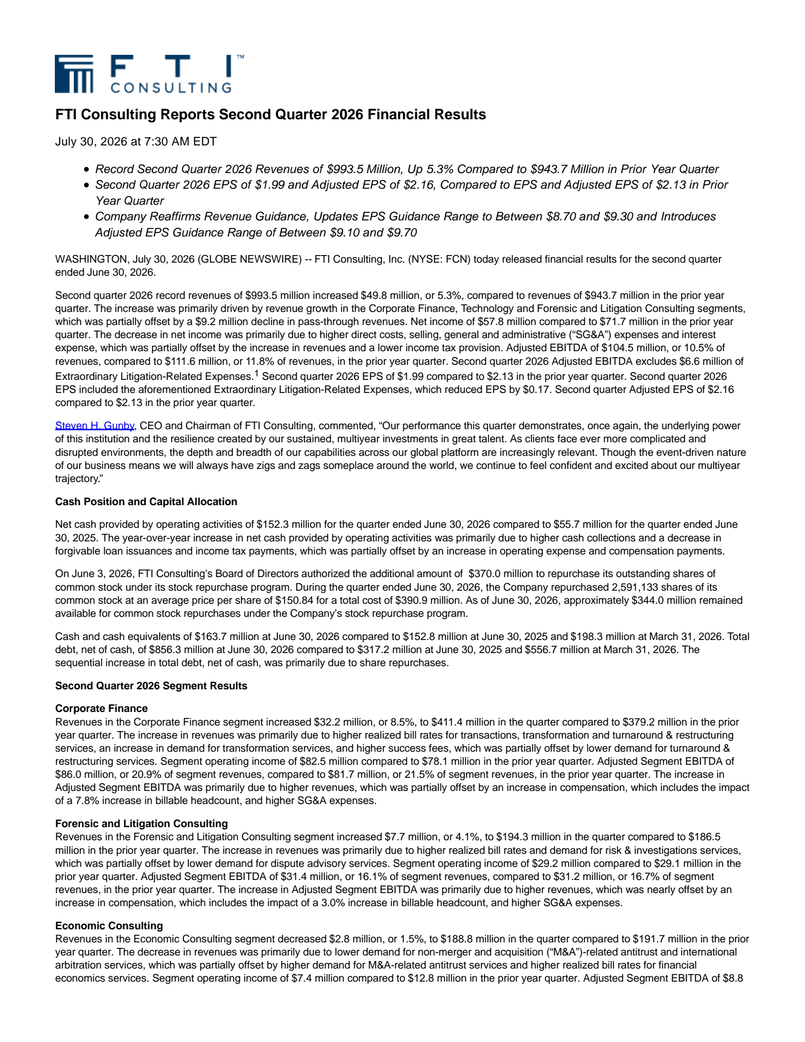 FTI Consulting's Q2 2026 Press Release