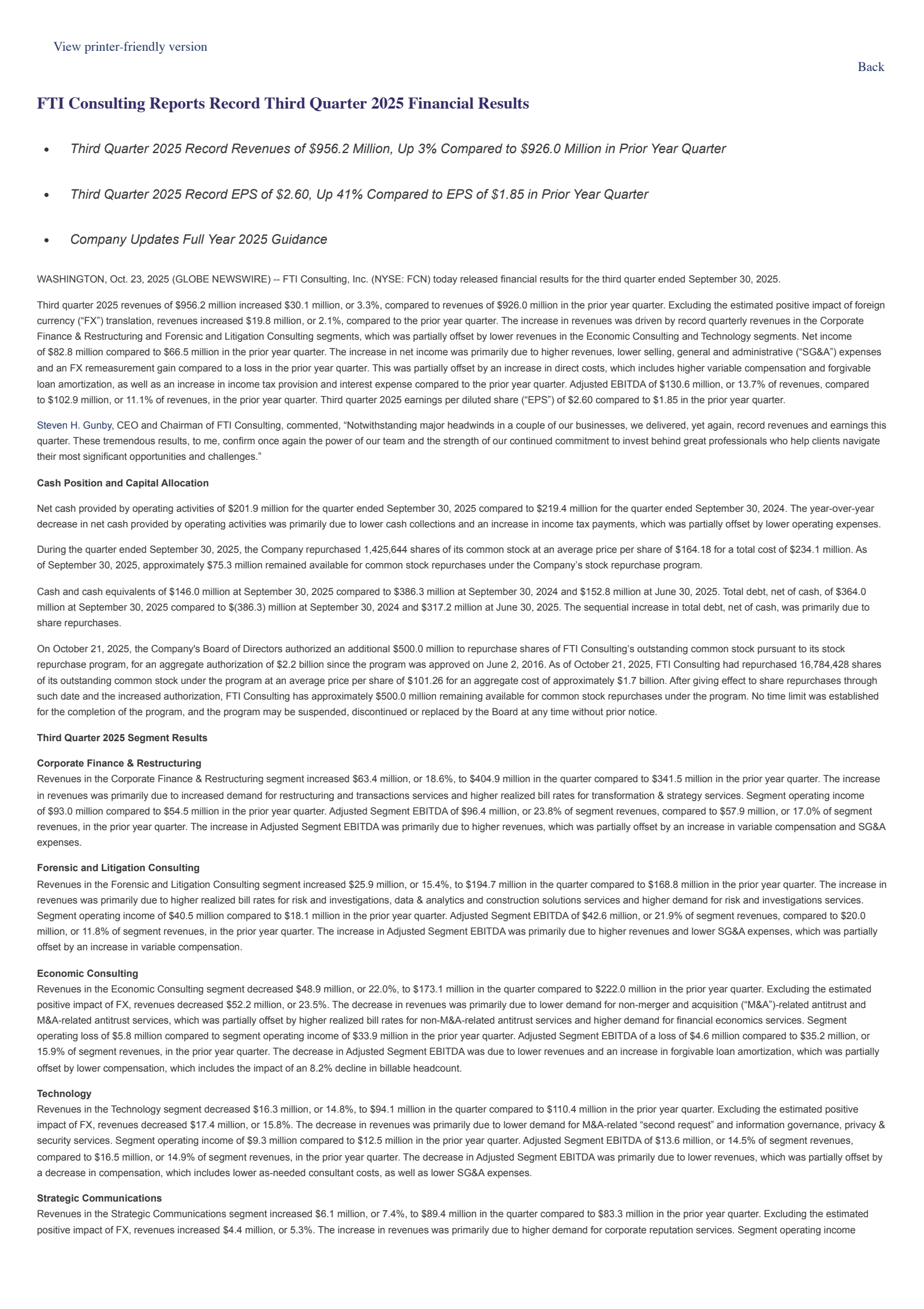 FTI Consulting's Q3 2025 Earnings Release