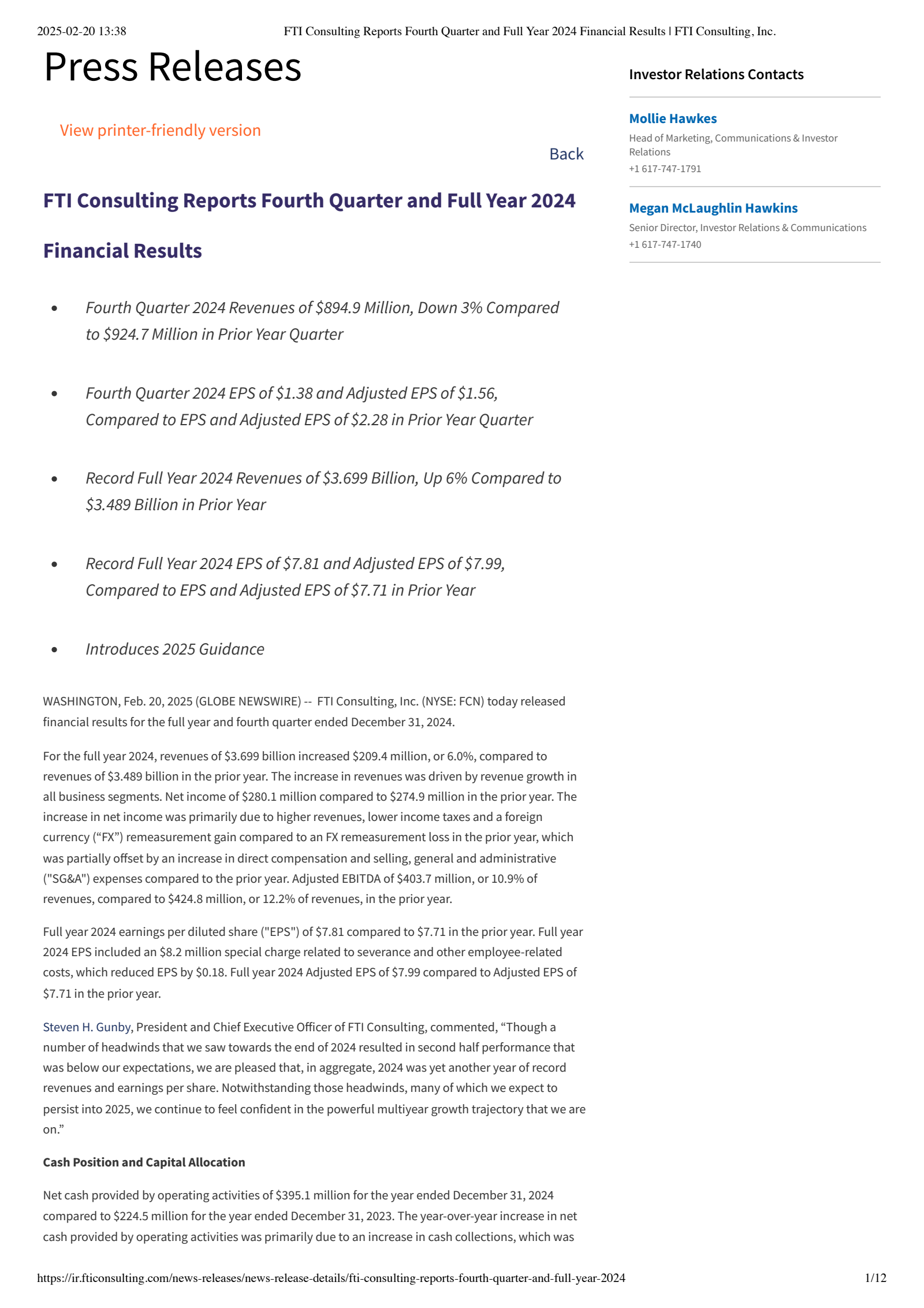 FTI Consulting's Q4 2024 Press Release