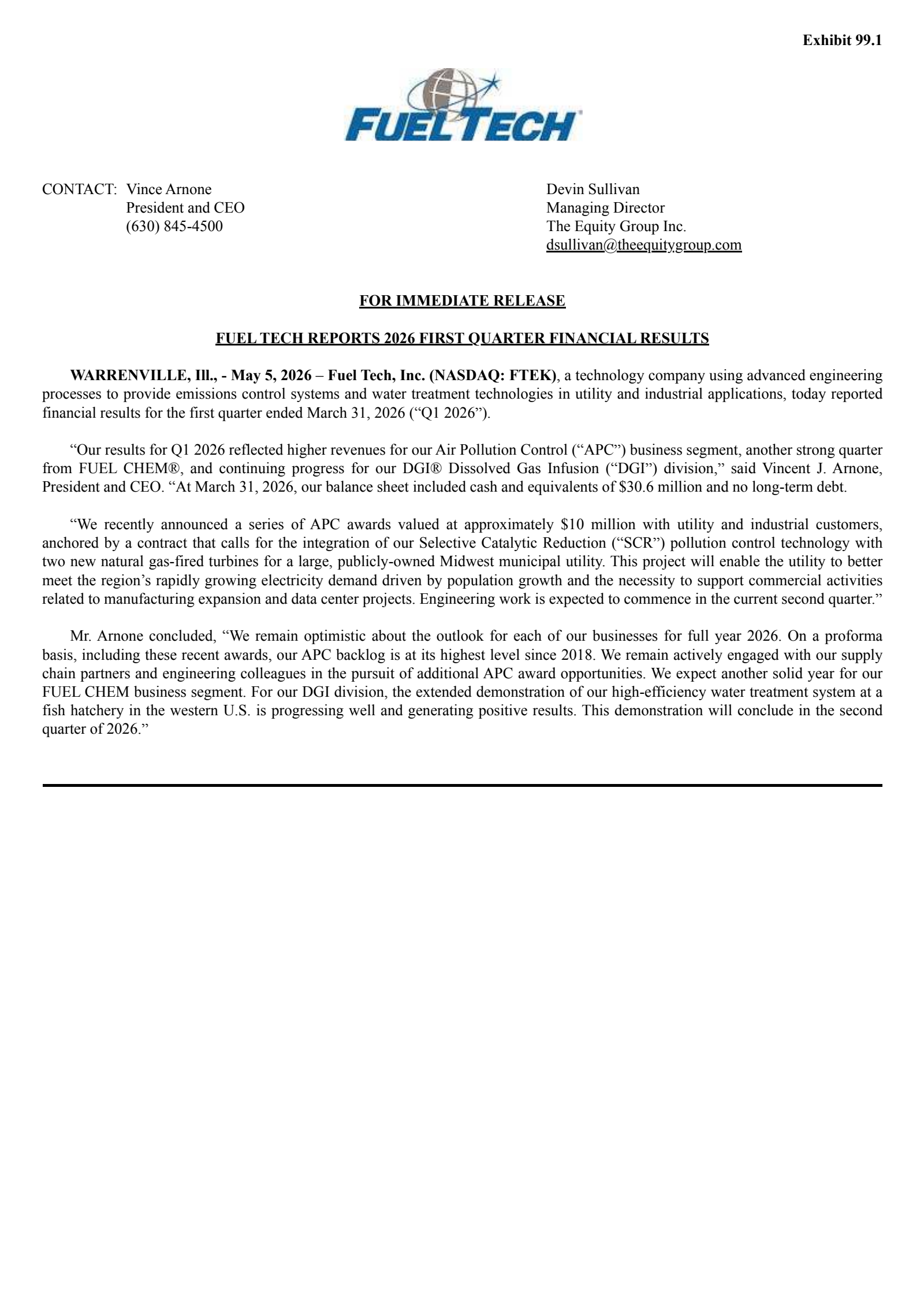 Fuel Tech's Q1 2026 Press Release